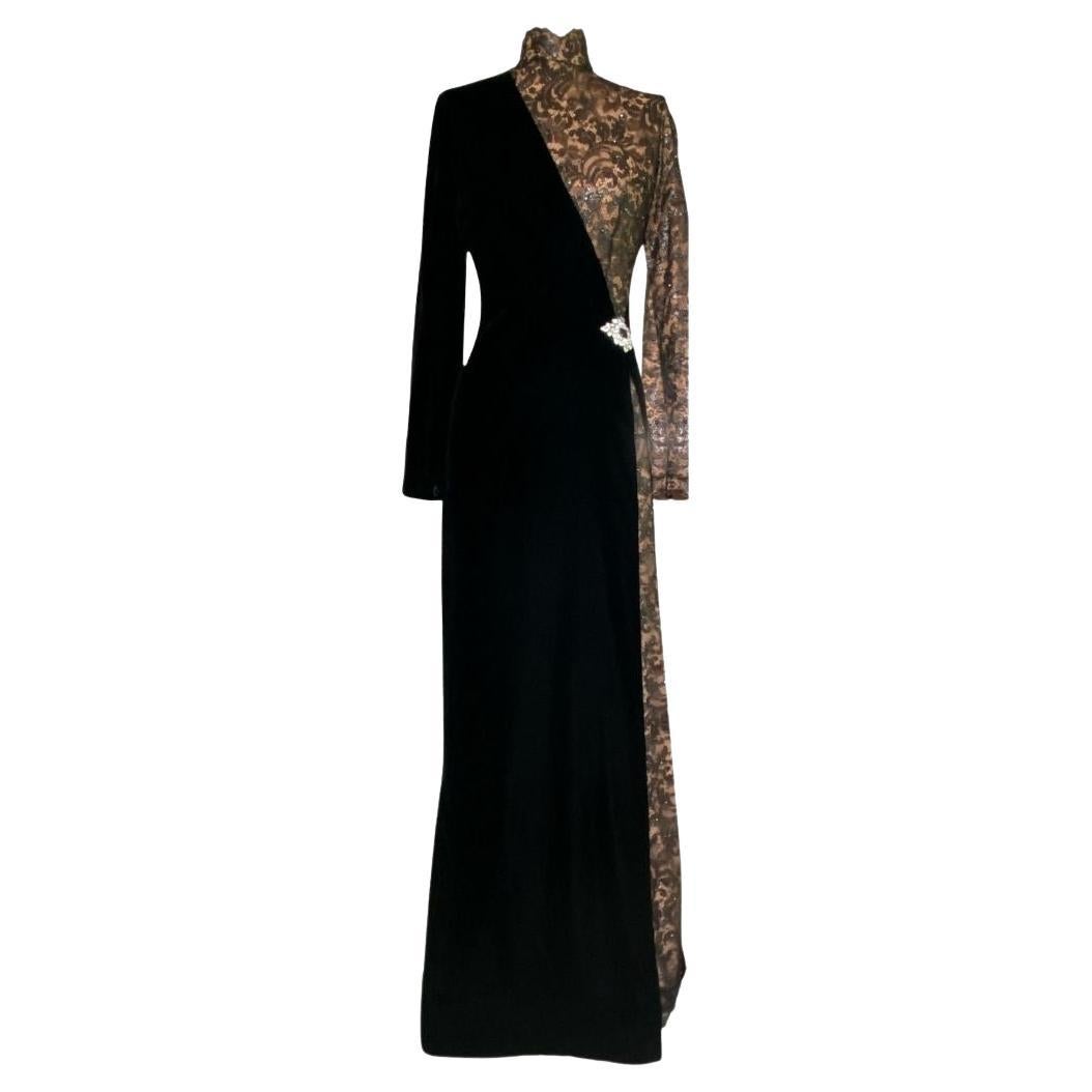 Bob Mackie Vintage Elegant Black and Nude Velvet and Lace Evening Gown Size 4 For Sale