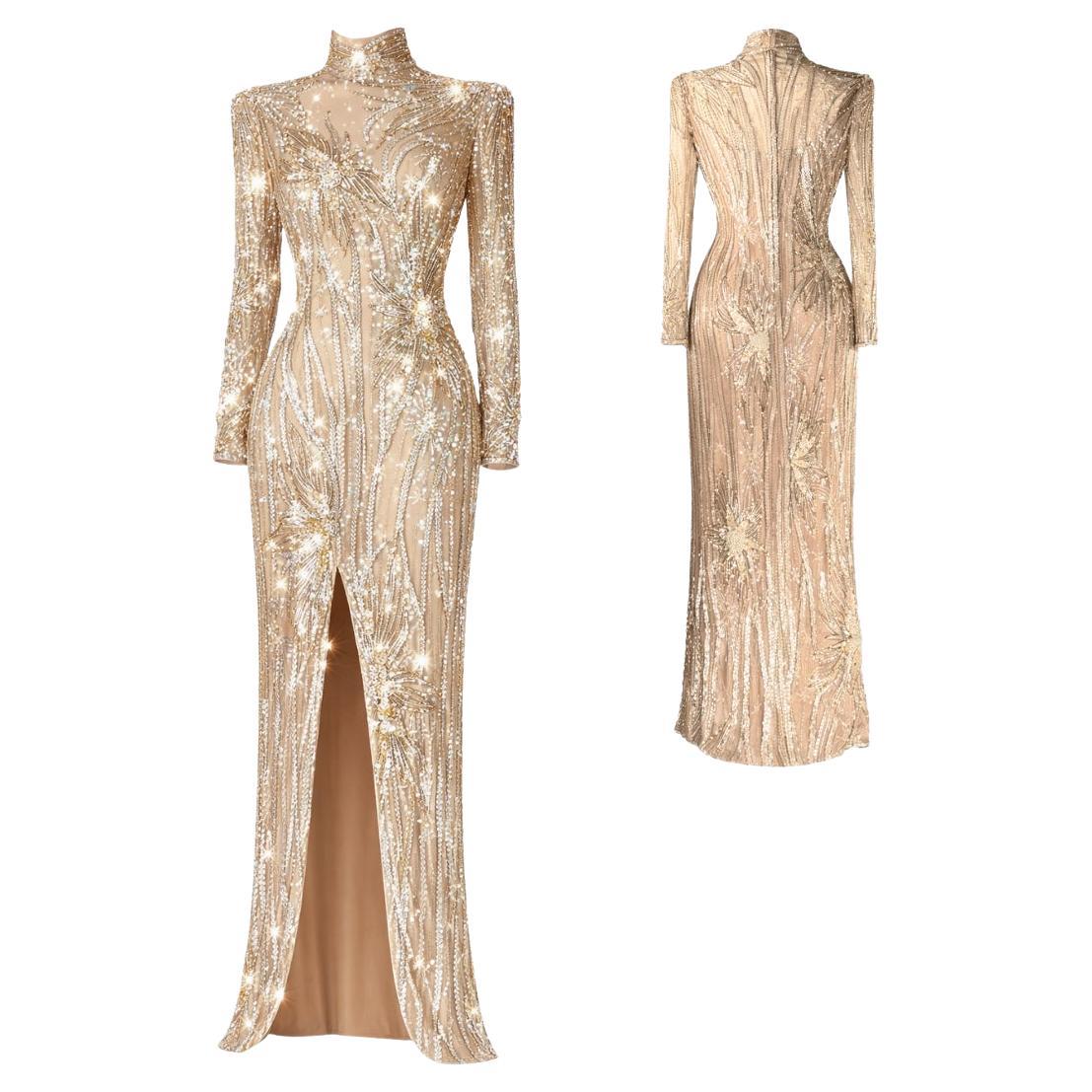 Bob Mackie, abito da sera vintage impreziosito da scintille bianche, argento e nude, Sz 6