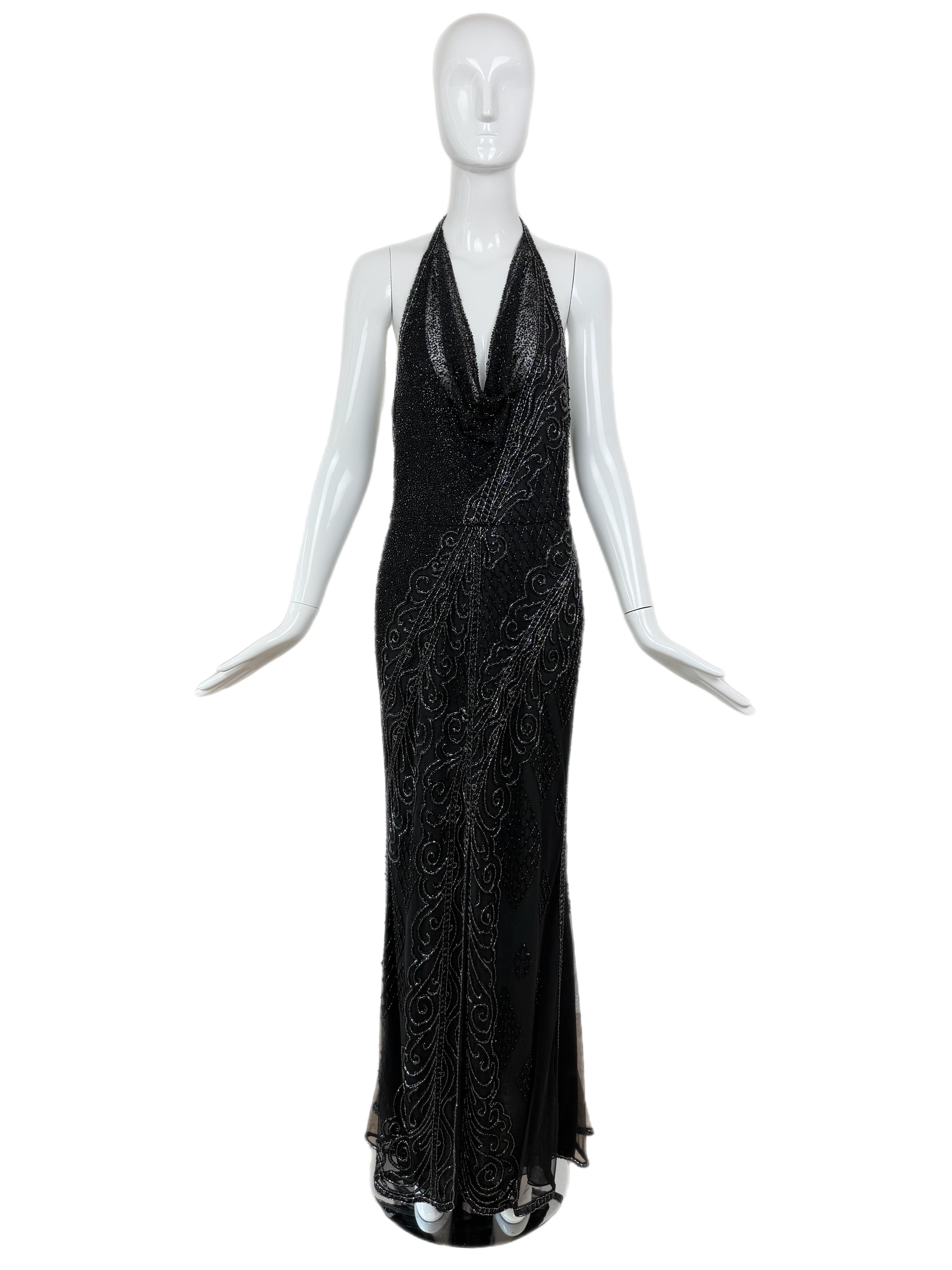 BOB MACKIE Vintage Heavily Beaded Cowl Neck Open Back Evening Gown im Angebot 8