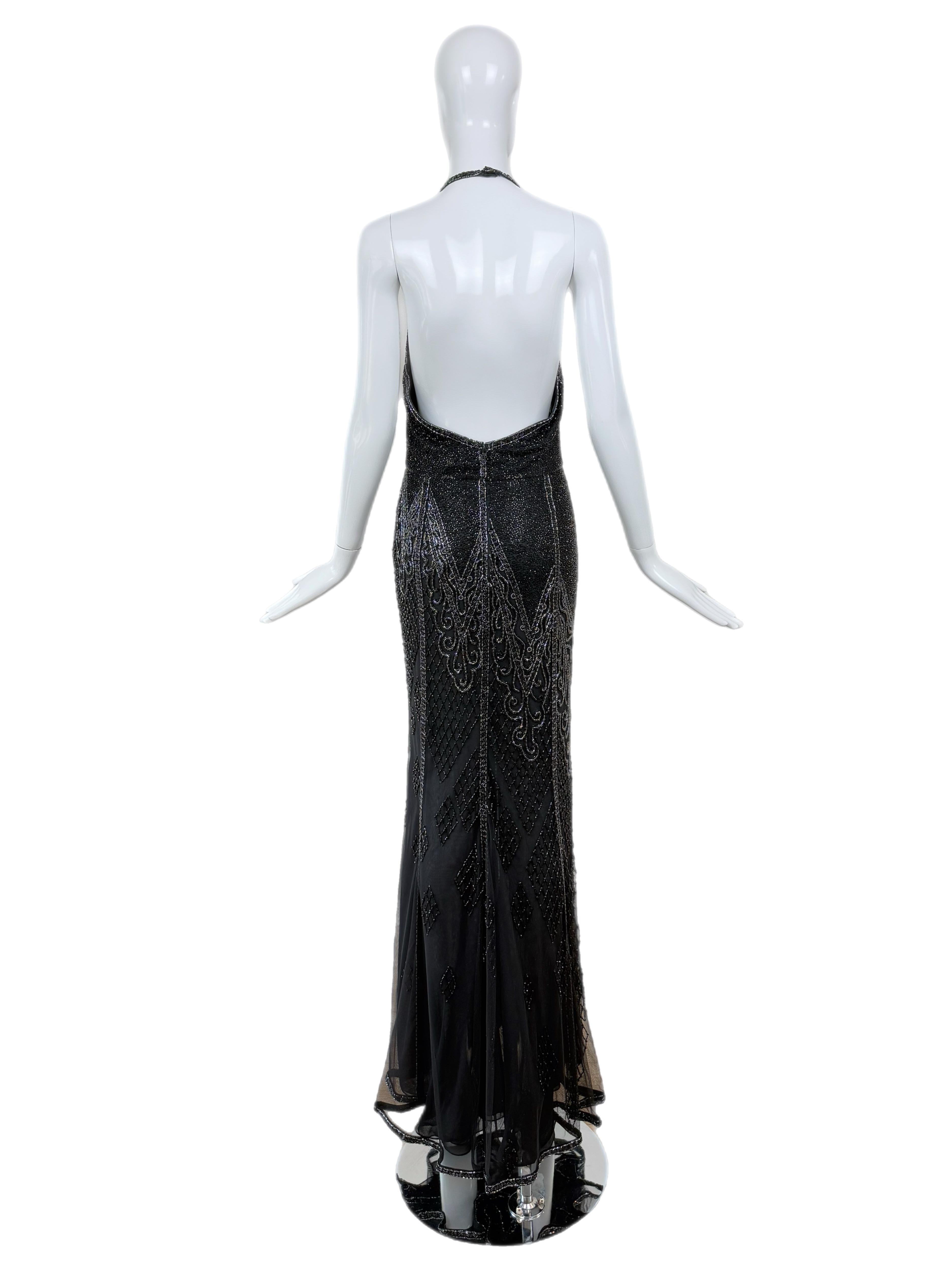 BOB MACKIE Vintage Heavily Beaded Cowl Neck Open Back Evening Gown (Schwarz) im Angebot