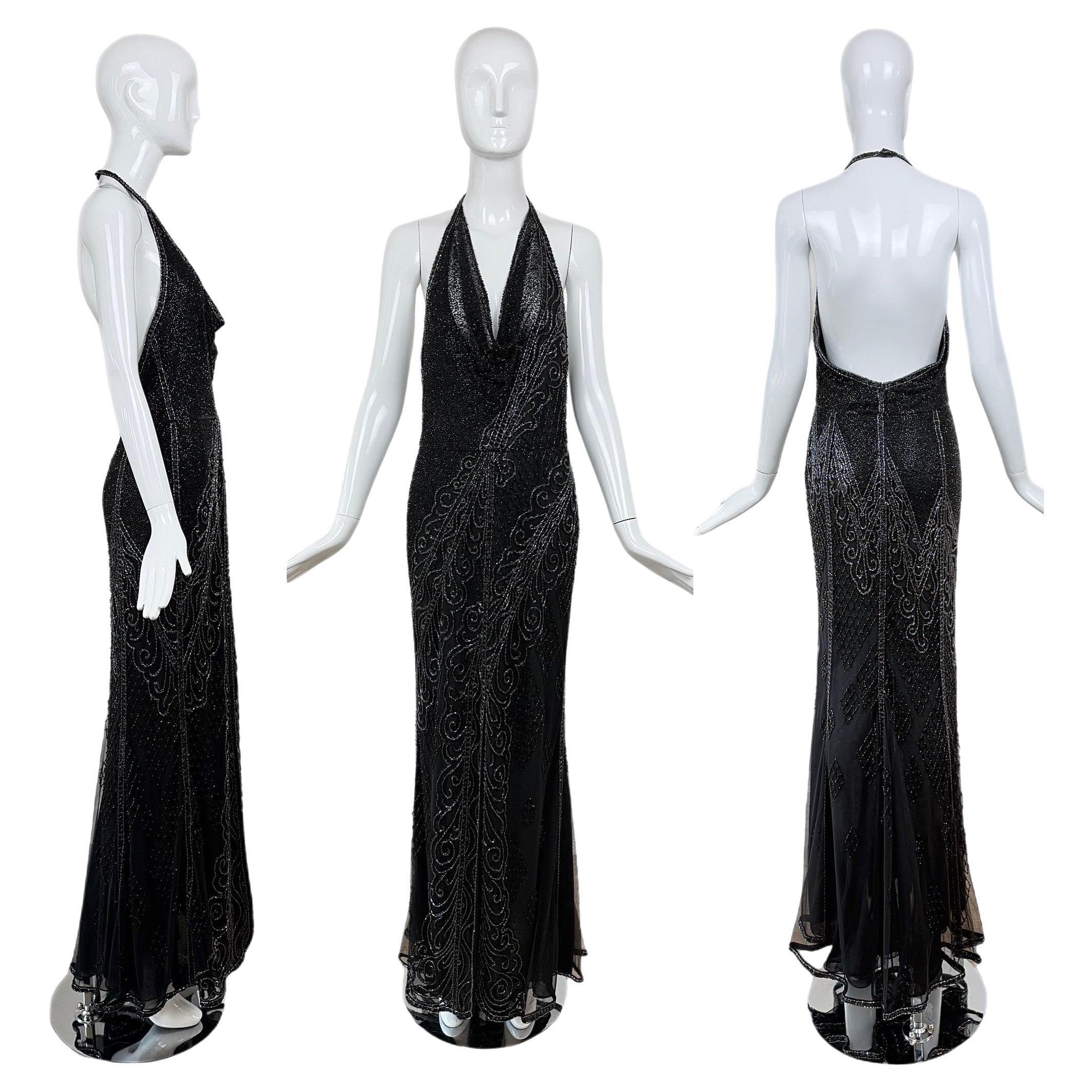 BOB MACKIE Vintage Heavily Beaded Cowl Neck Open Back Evening Gown im Angebot