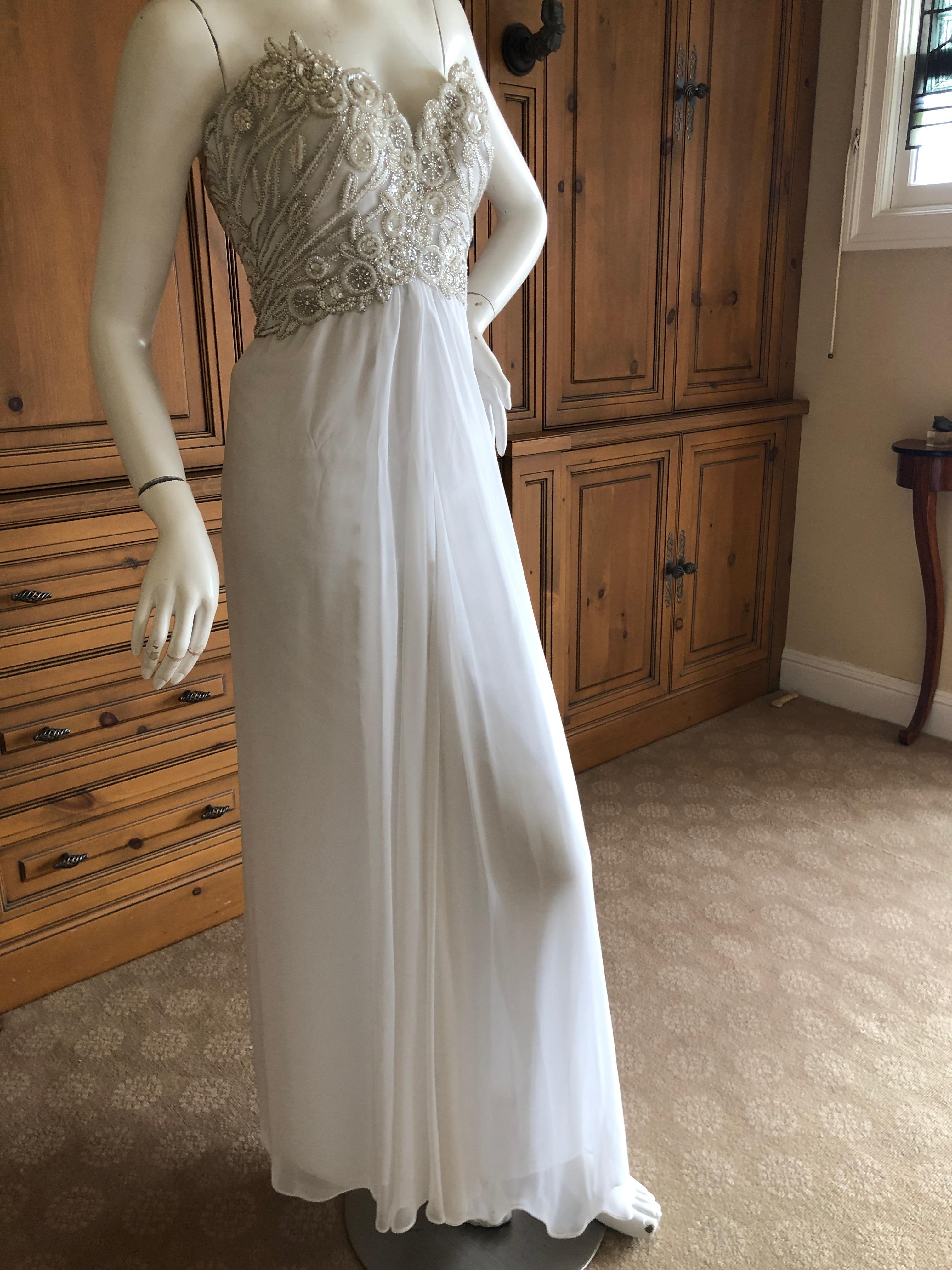 Beige Bob Mackie Vintage Ivory Evening Gown with Silver Beaded Bodice and Shawl For Sale