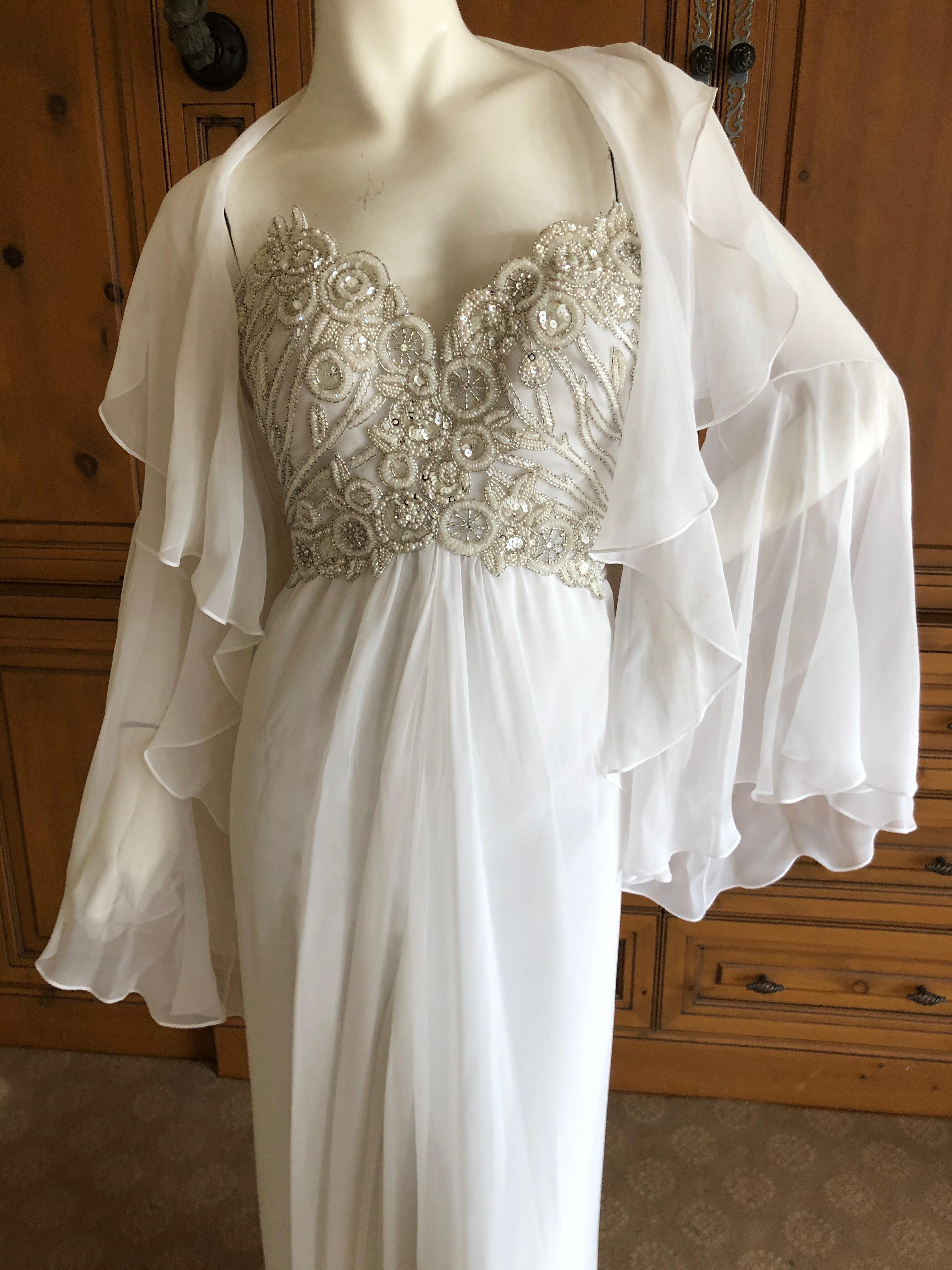 Bob Mackie Vintage Ivory Evening Gown with Silver Beaded Bodice and Shawl In Excellent Condition For Sale In Cloverdale, CA