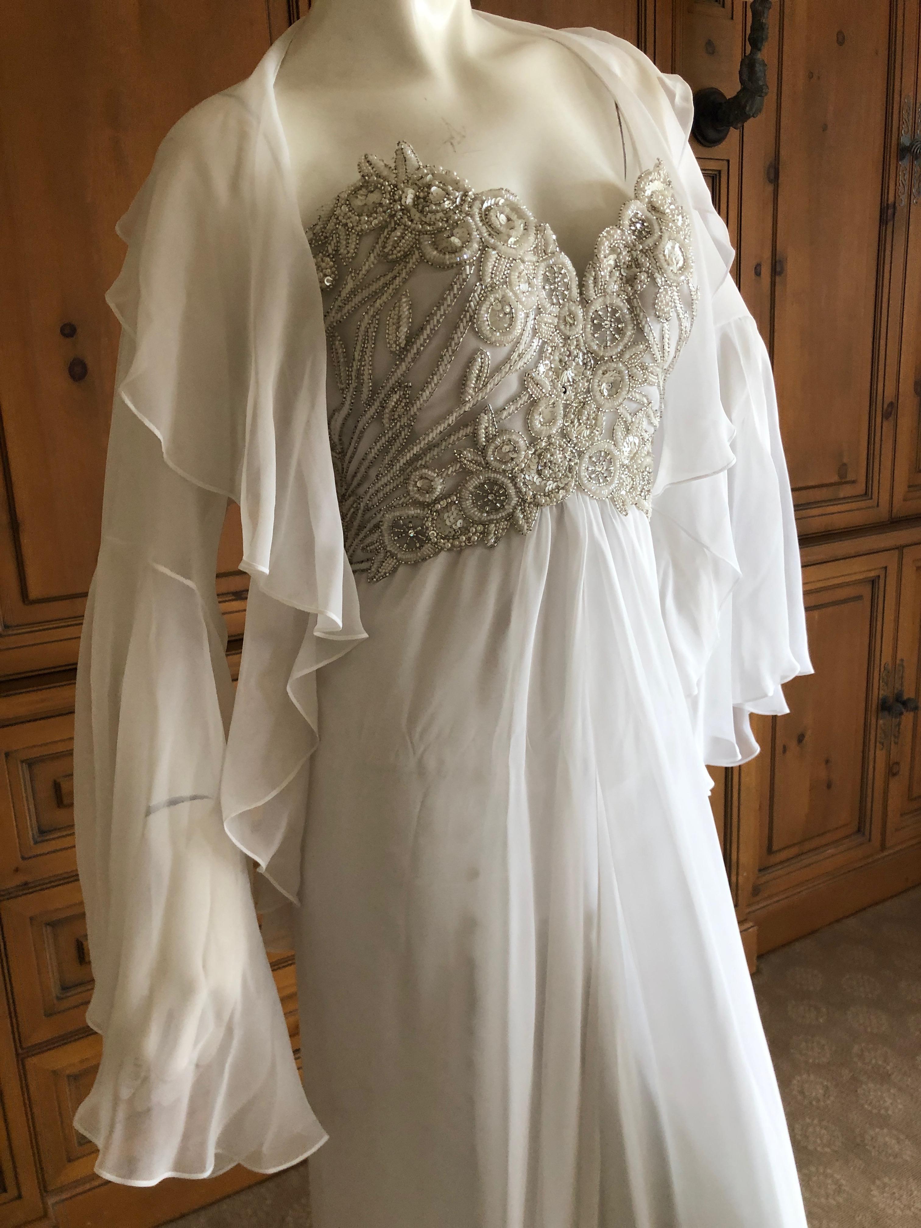 Bob Mackie Vintage Ivory Evening Gown with Silver Beaded Bodice and Shawl For Sale 1