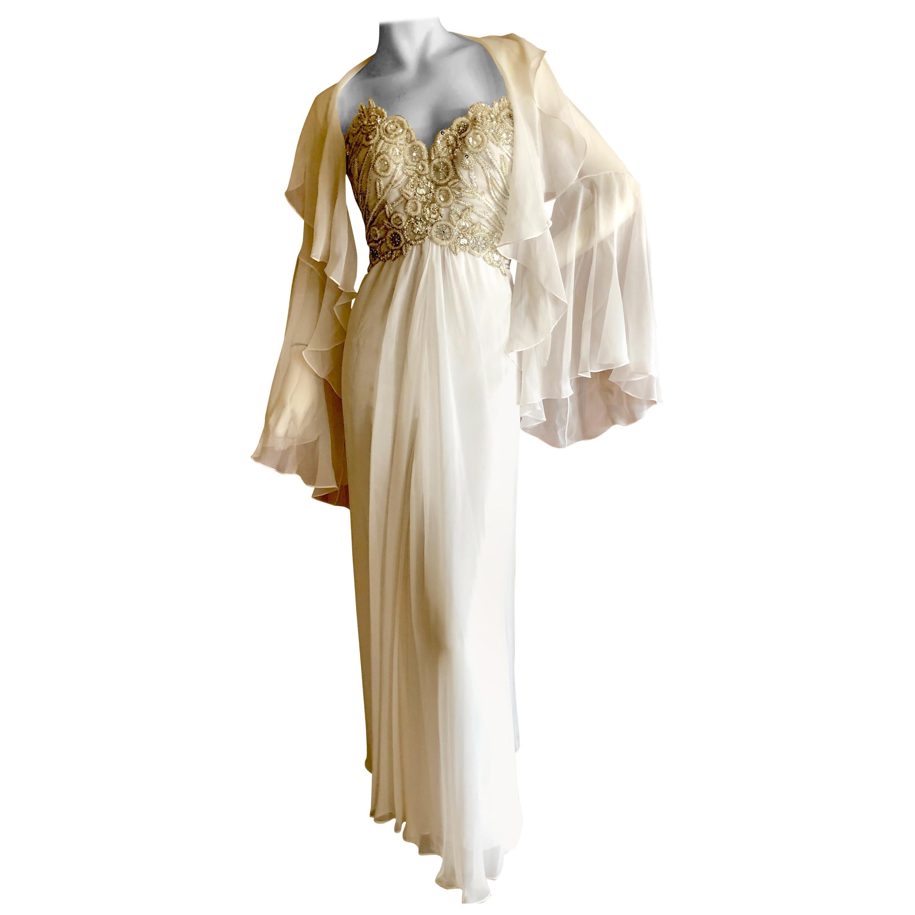 Bob Mackie Vintage Ivory Evening Gown with Silver Beaded Bodice and Shawl For Sale