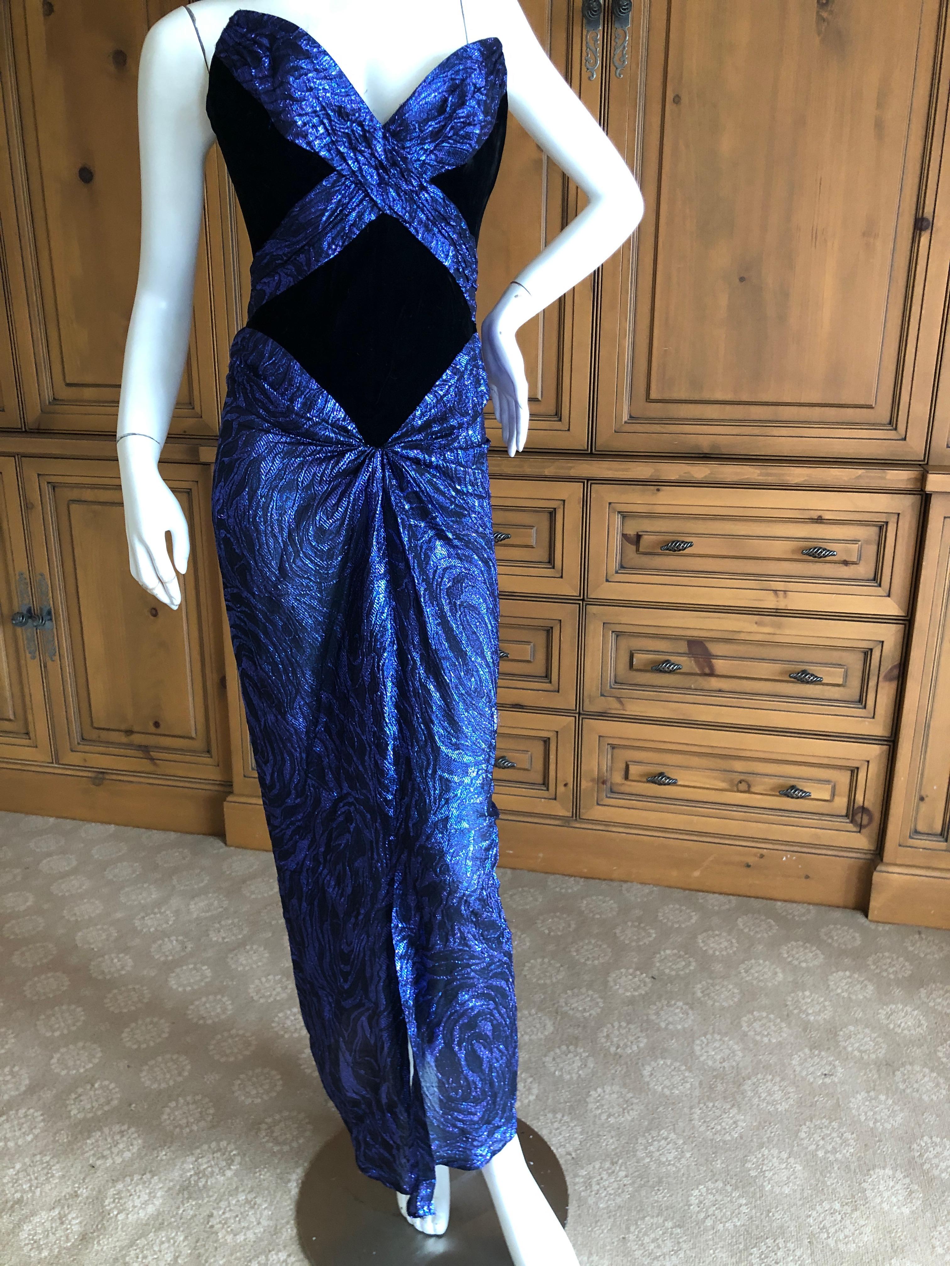 Bob Mackie Vintage Metallic Purple Evening Dress with Black Velvet Details In Good Condition For Sale In Cloverdale, CA