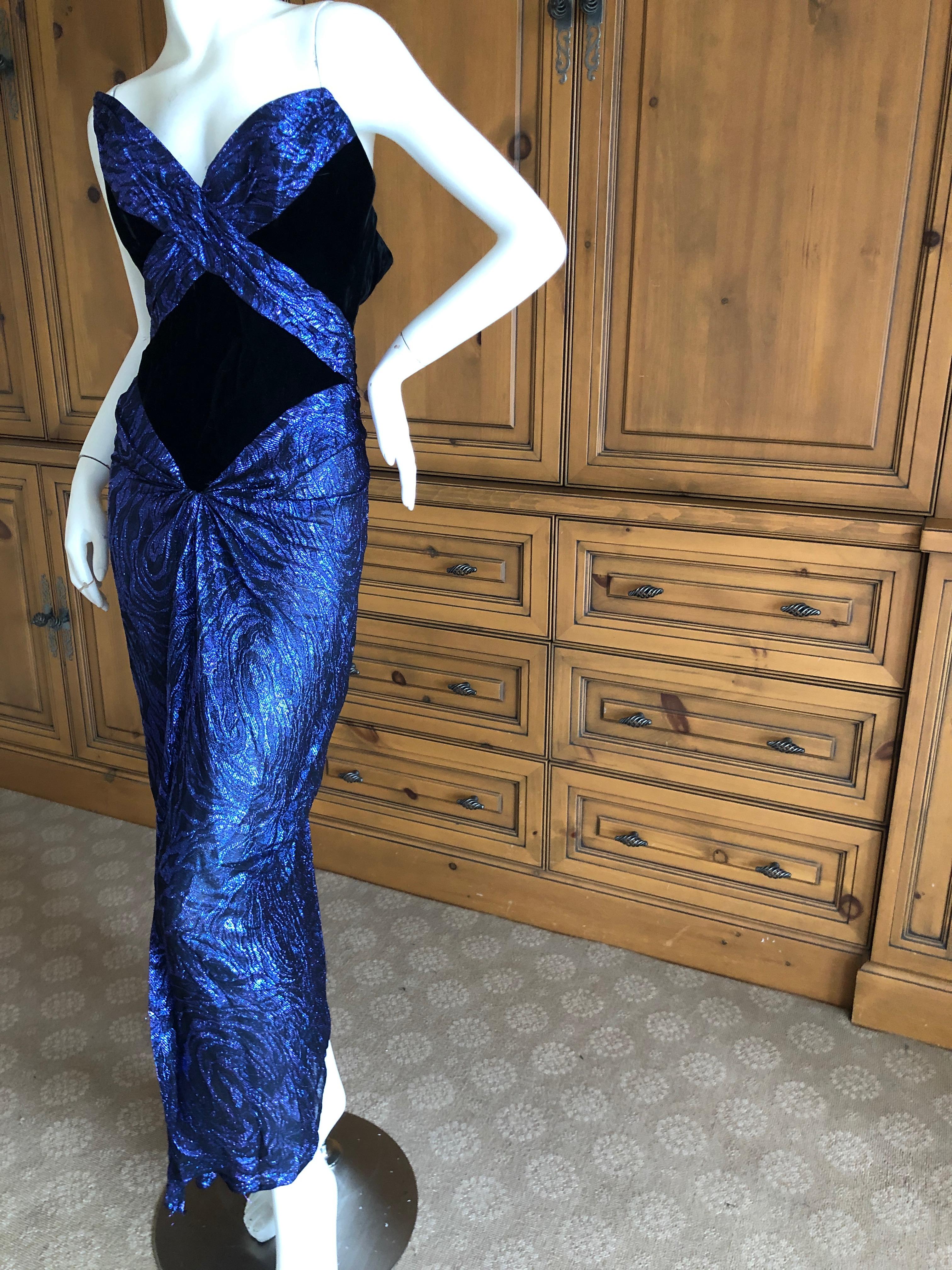 Bob Mackie Vintage Metallic Purple Evening Dress with Black Velvet Details For Sale 4