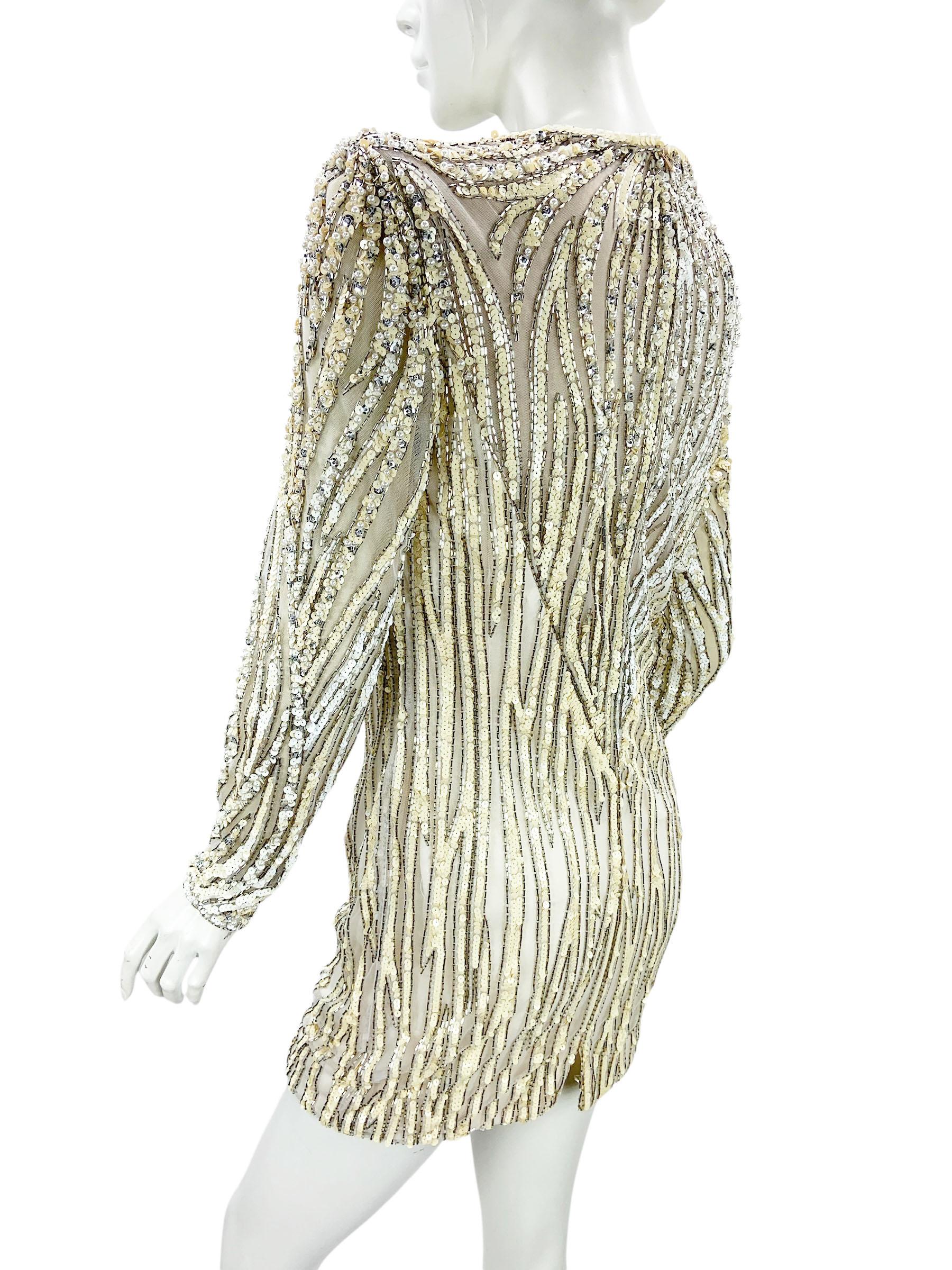 Bob Mackie Vintage Mini Vestido de Noche Blanco y Amarillo Adornado con Perlas y Lentejuelas Gris en venta