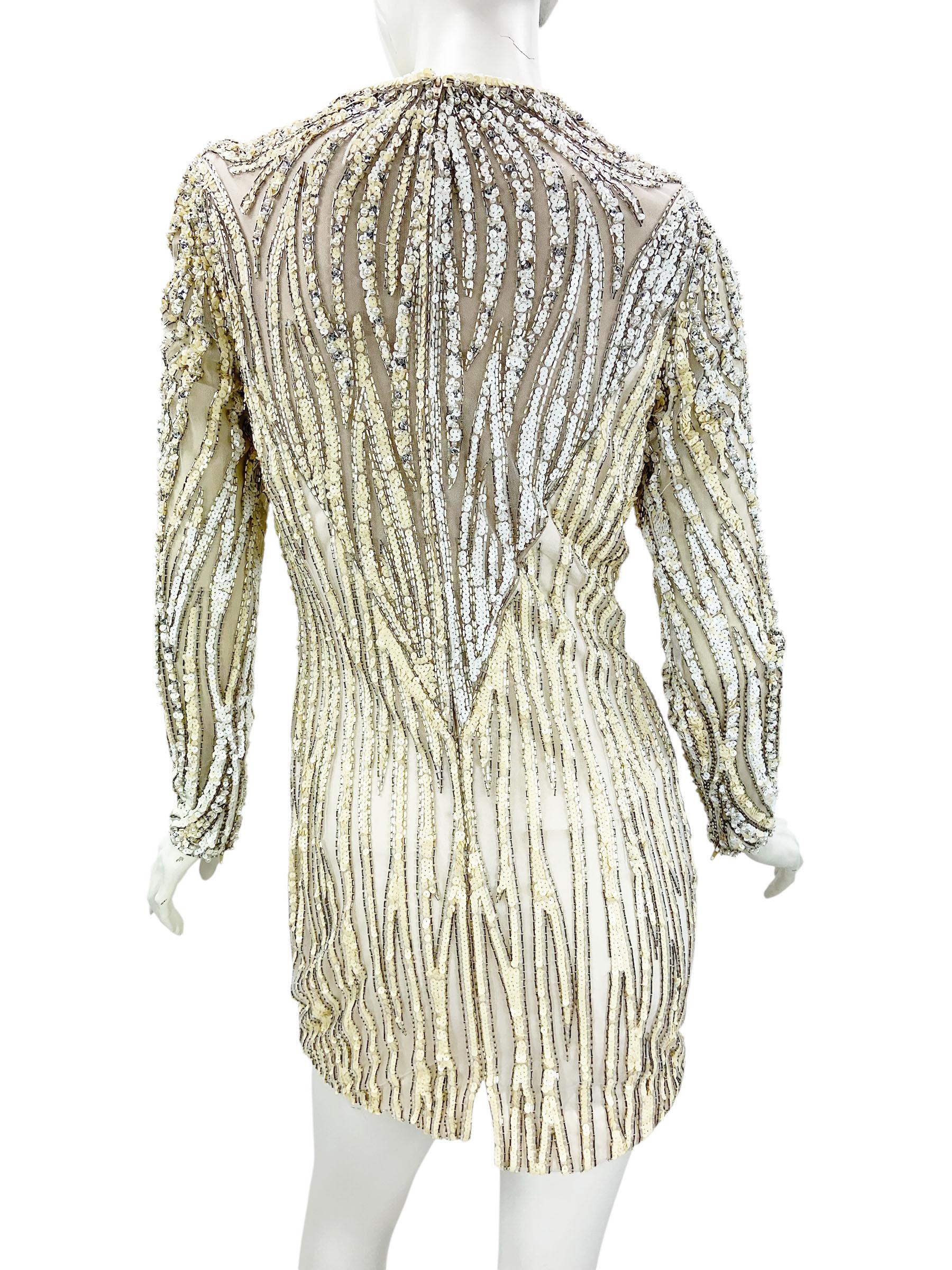 Bob Mackie Vintage Mini Vestido de Noche Blanco y Amarillo Adornado con Perlas y Lentejuelas en Excelente estado para la venta en Montgomery, TX