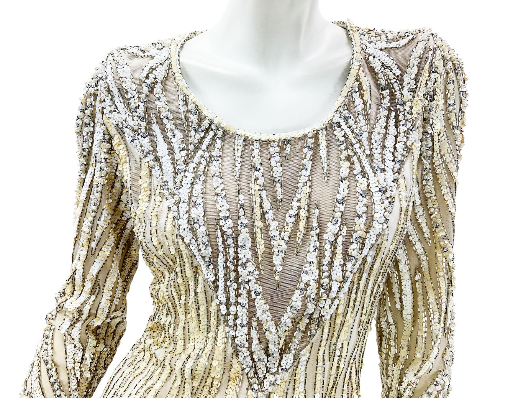 De las mujeres Bob Mackie Vintage Mini Vestido de Noche Blanco y Amarillo Adornado con Perlas y Lentejuelas en venta
