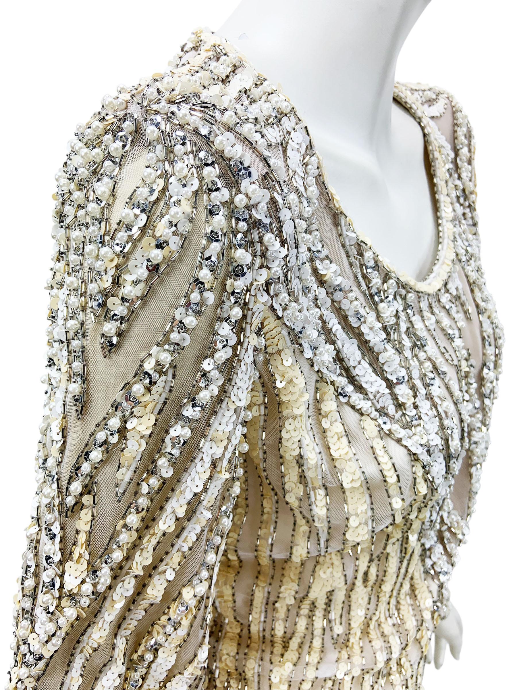 Bob Mackie Vintage Mini Vestido de Noche Blanco y Amarillo Adornado con Perlas y Lentejuelas en venta 1