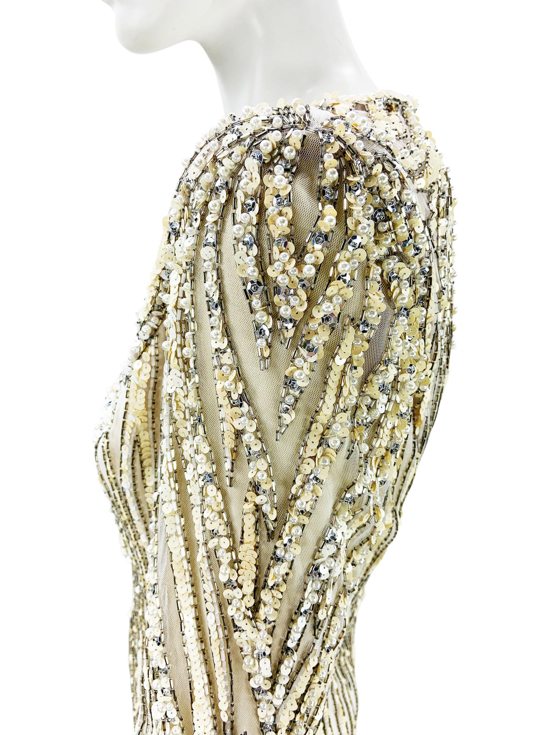 Bob Mackie Vintage Mini Vestido de Noche Blanco y Amarillo Adornado con Perlas y Lentejuelas en venta 2