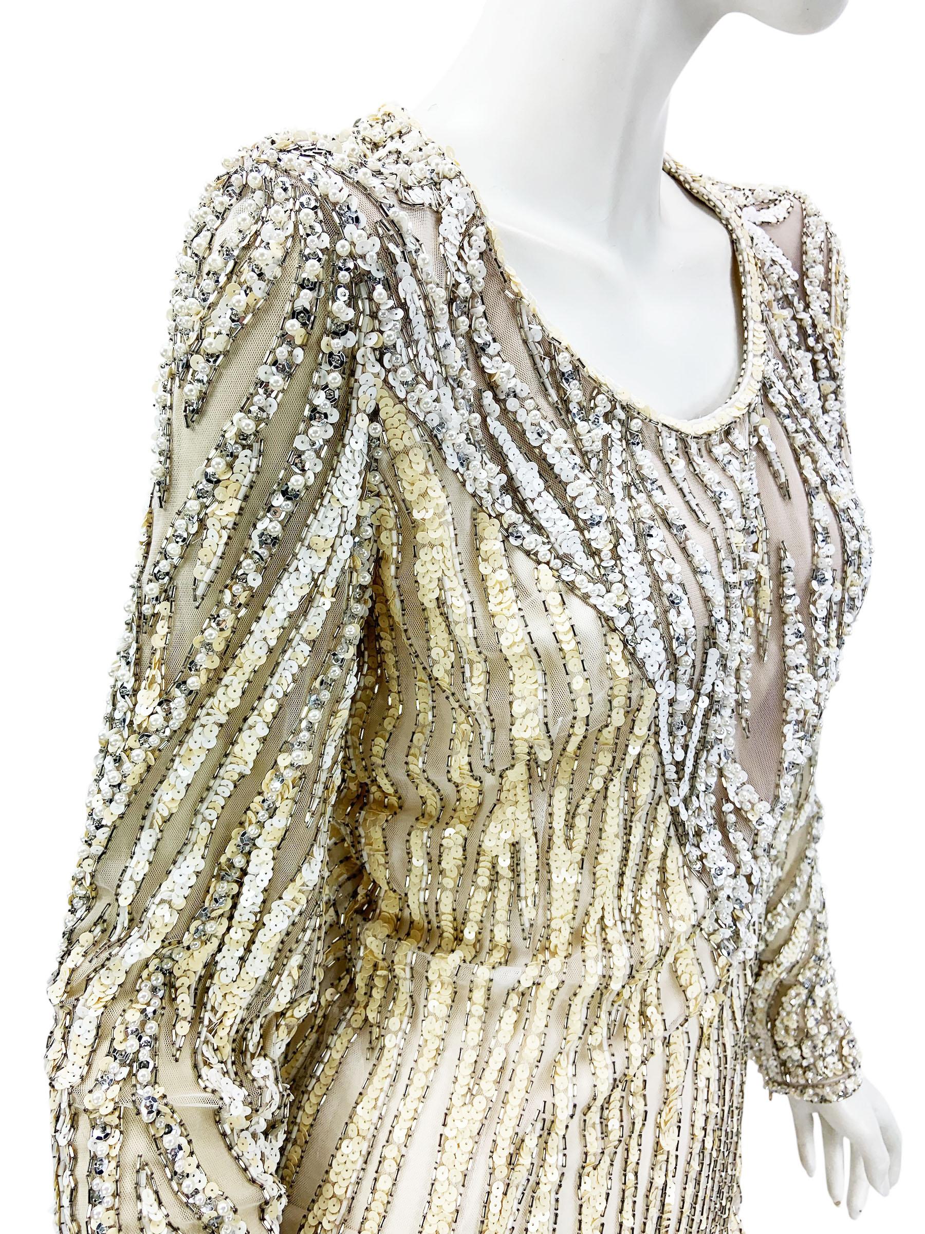 Bob Mackie Vintage Mini Vestido de Noche Blanco y Amarillo Adornado con Perlas y Lentejuelas en venta 3