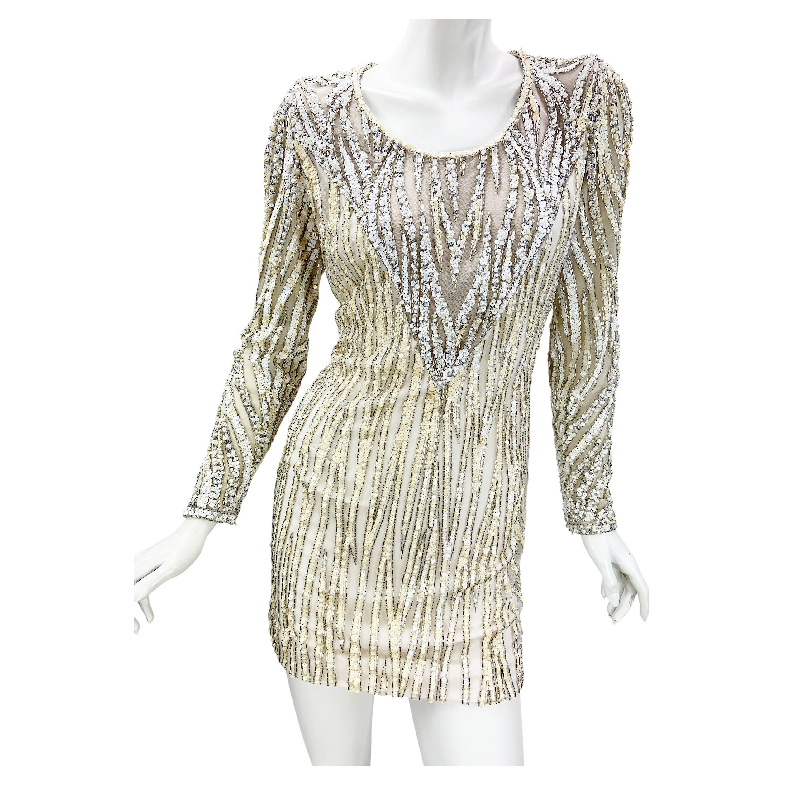 Bob Mackie Vintage Mini Vestido de Noche Blanco y Amarillo Adornado con Perlas y Lentejuelas en venta