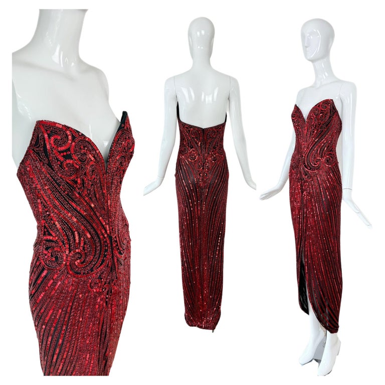 BOB MACKIE Vestido de noche rojo vintage muy adornado en venta en