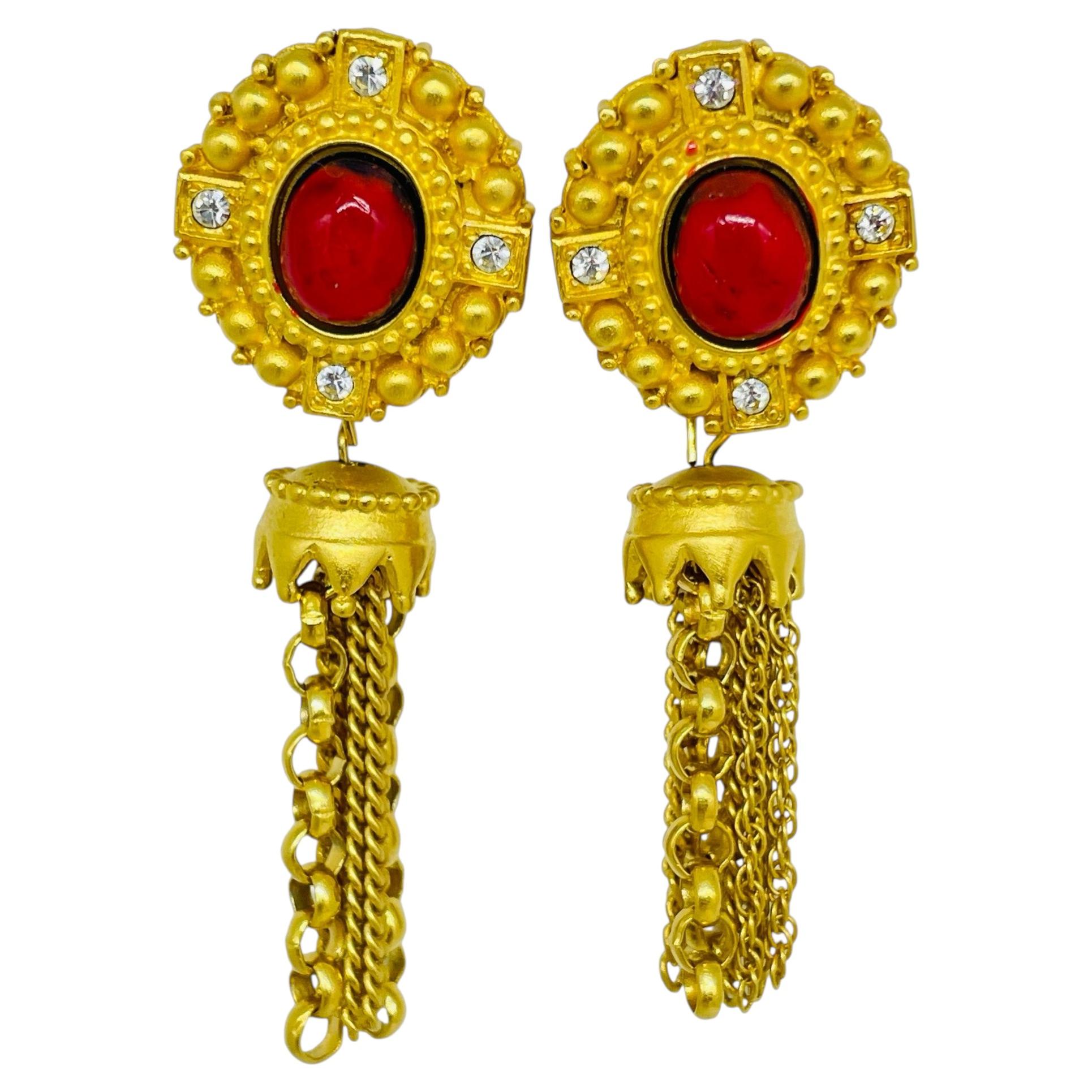 Pre-owned Bob Mackie Vintage Signed Gold Tone Faux Coral Dangle Designer Clip Earrings In Red