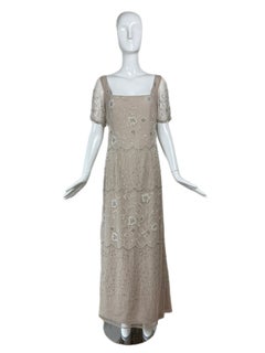 BOB MACKIE Vintage Taupe Beaded Bridal Gown Embellished Wedding Dress Maxi