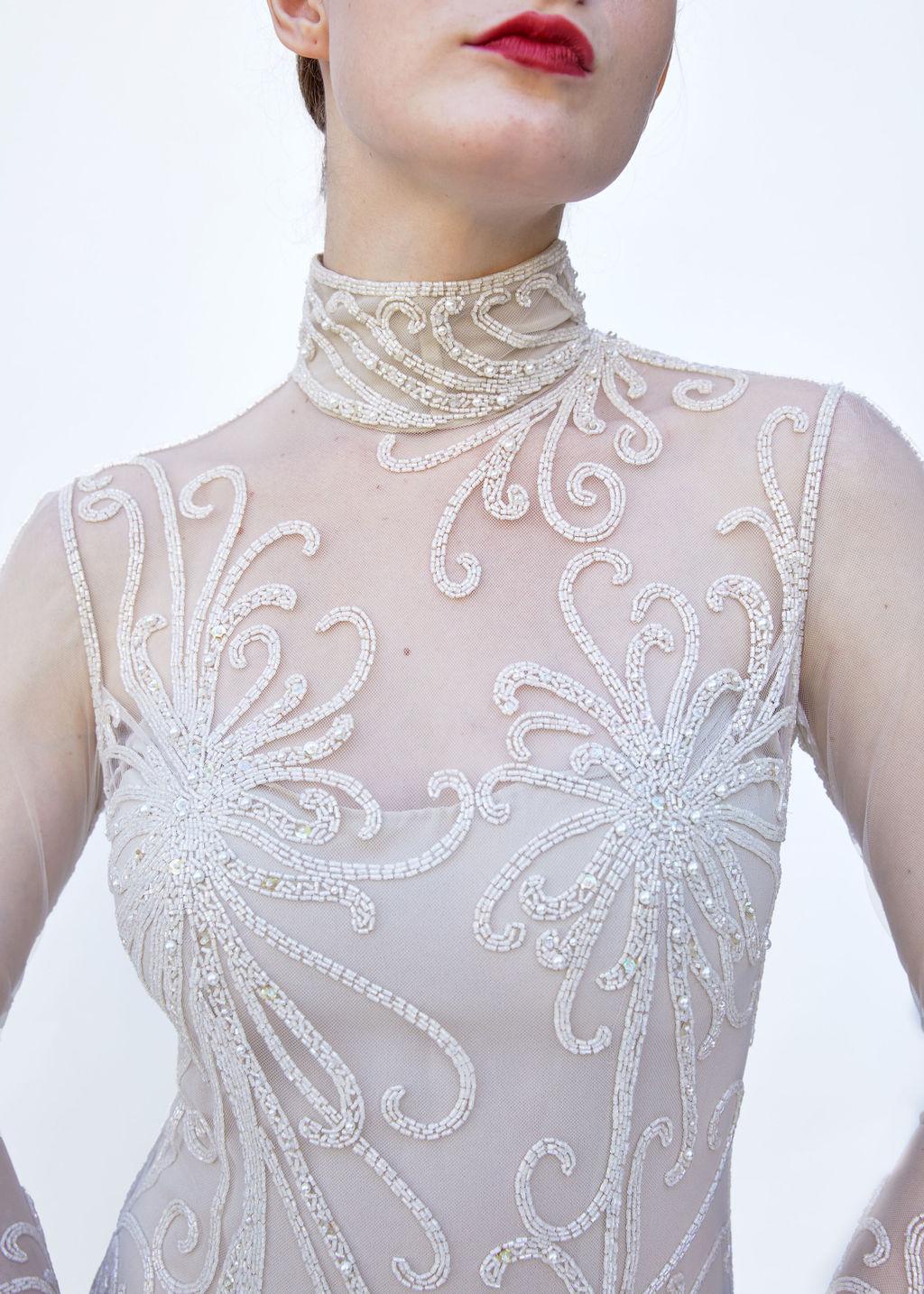 Bob Mackie Spring 1989 White Beaded Mesh Gown In Excellent Condition In Los Angeles, CA