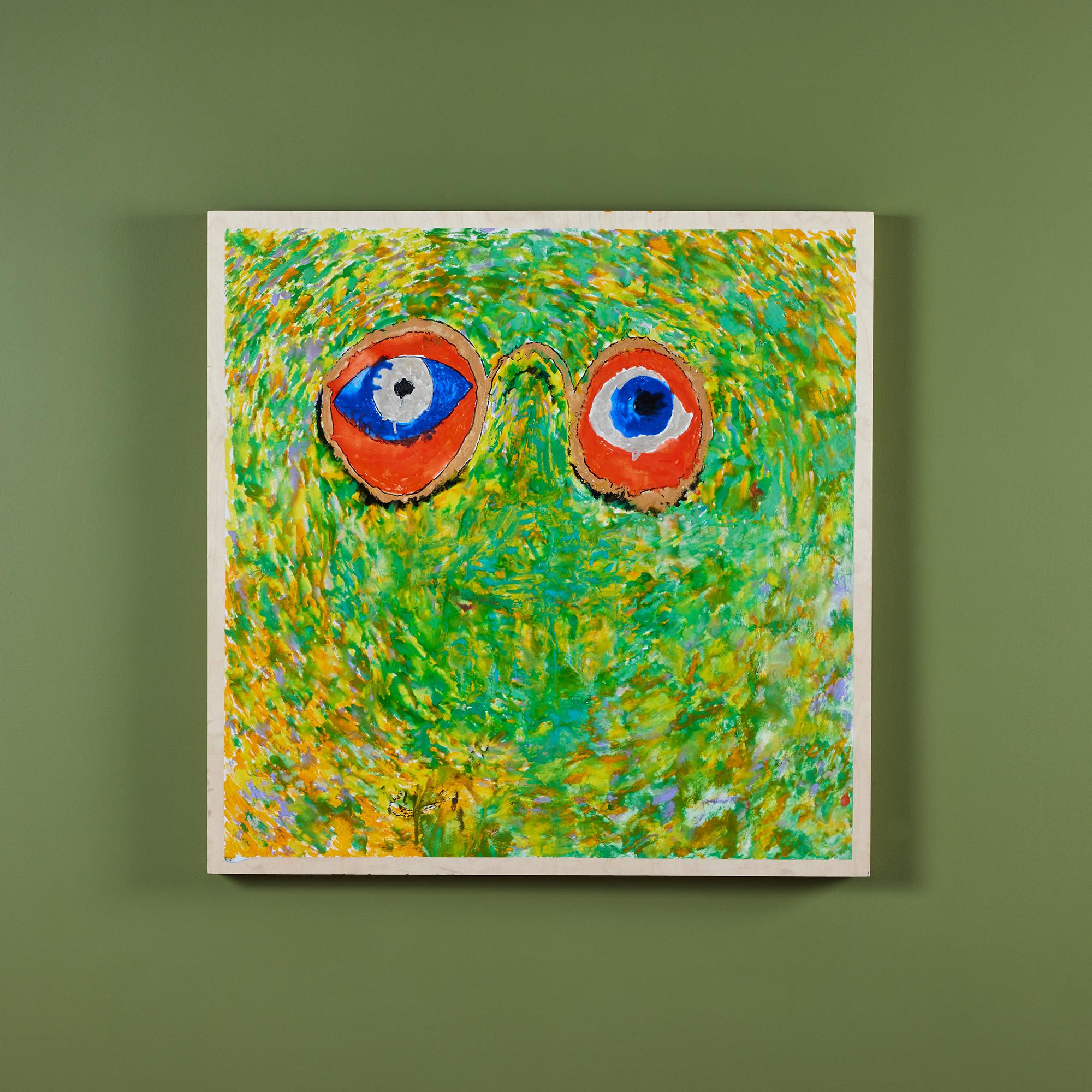 Acrylic painting on hardwood by San Diego artist, Bob Matheny. The painting featuring eyeballs throws a nod to the Great Gatsby and Dr. T.J. Eckleberg as displayed on the back of the painting. The piece showcases vibrant neon colors of green orange