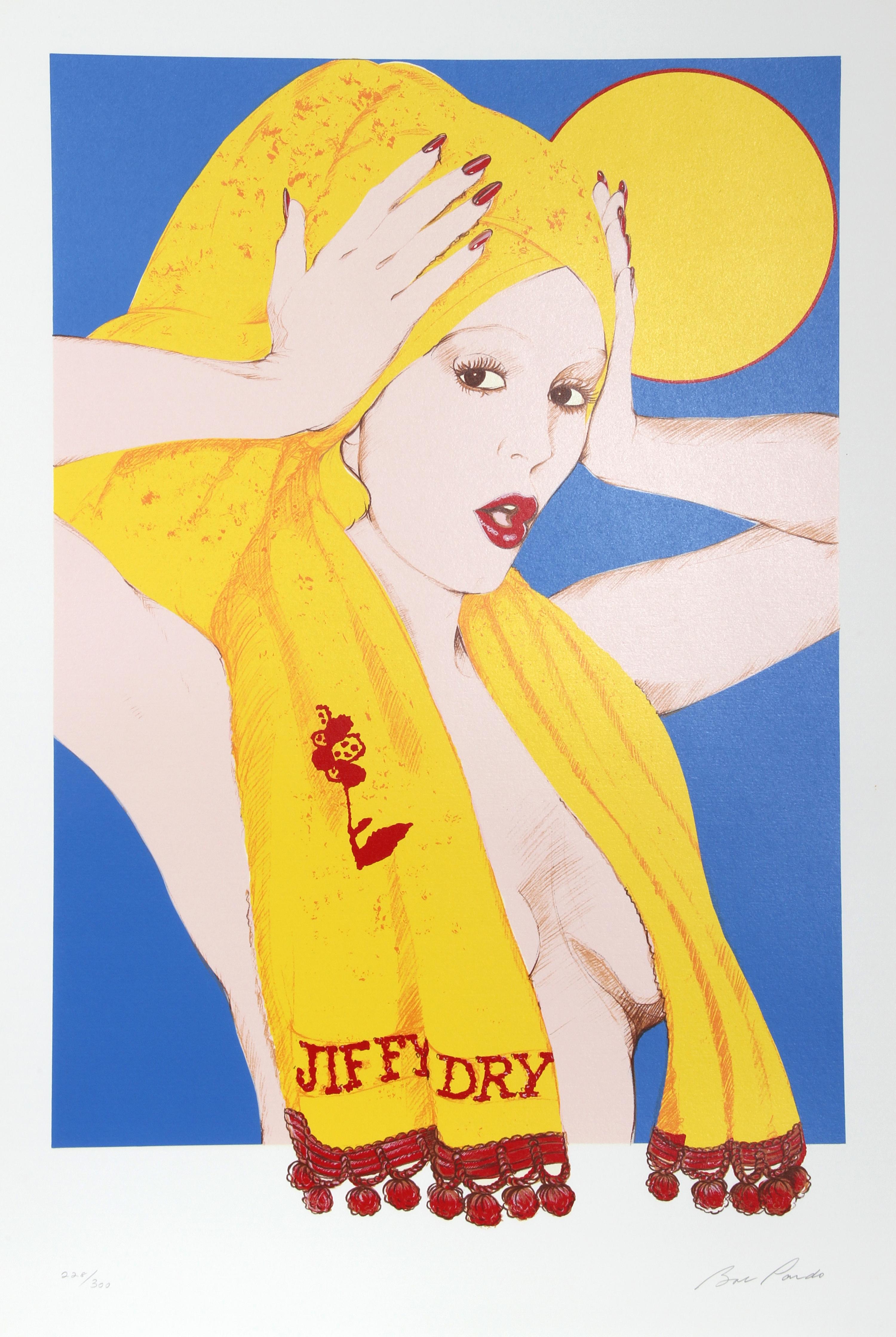 Una ragazza pin-up in versione moderna: una donna si tiene un asciugamano sulla testa, come se l'avessero beccata appena uscita dalla doccia. Con vivaci tocchi di colori primari, questo ritratto spiritoso è opera dell’artista americano Bob