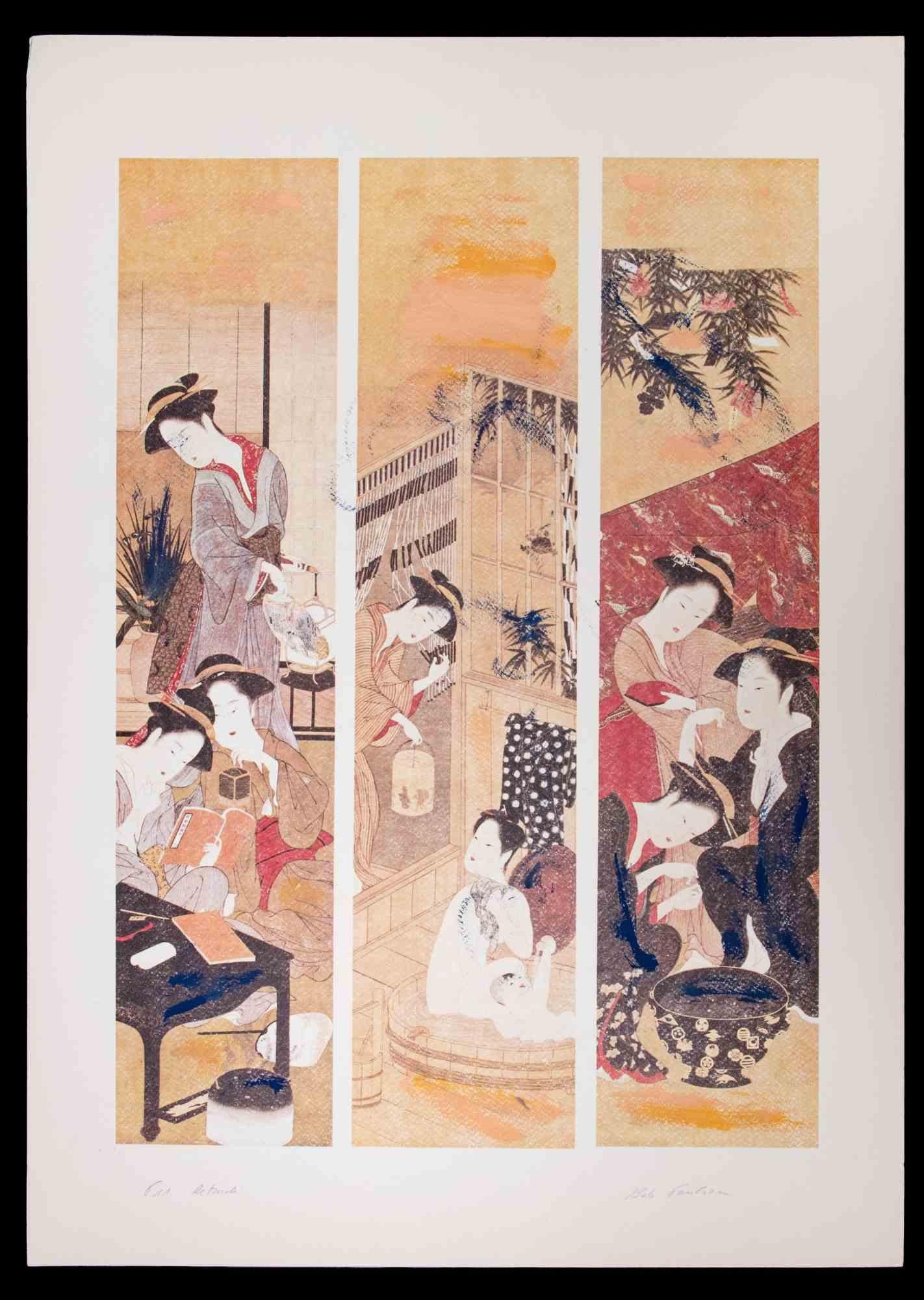 Ritos japoneses es una obra de arte original realizada por Bob Paulson durante la década de 1970.

La técnica utilizada por el artista es la litografía, retocada.

Buen estado.

Prueba de artista, Firmado a mano.

Editor Fondazione Vincenzo Di Paolo.