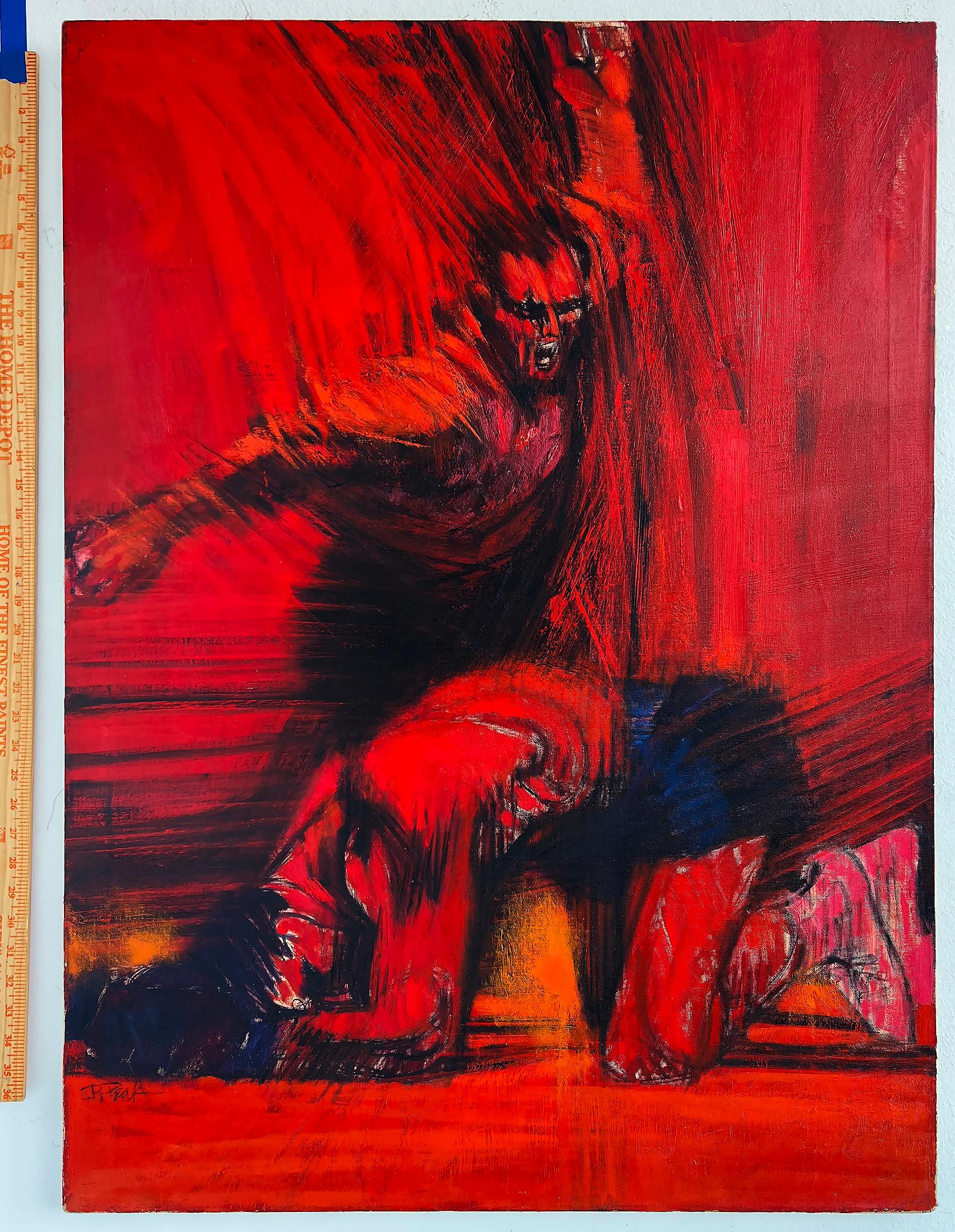 Ring de boxe. Boîte jointe et nouée au sol avec 10 numéros, rouge et noir  Esquire Mag - Expressionniste Painting par Bob Peak