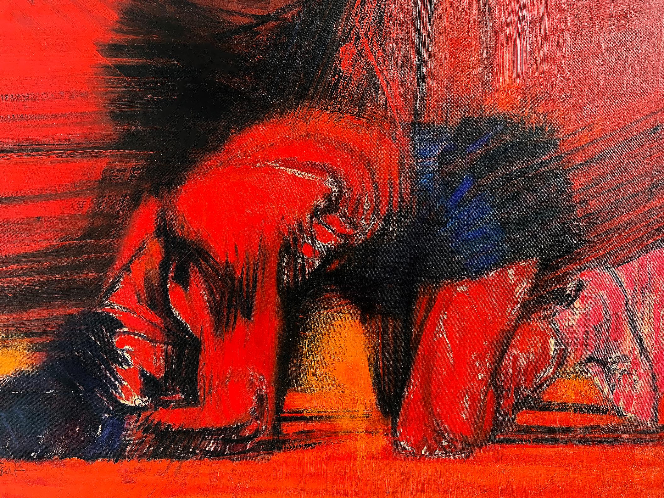 Ring de boxe. Boîte jointe et nouée au sol avec 10 numéros, rouge et noir  Esquire Mag - Rouge Portrait Painting par Bob Peak