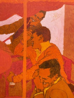 Color Field Painting, uomini che si rilassano e scherzano con un drink di liquore