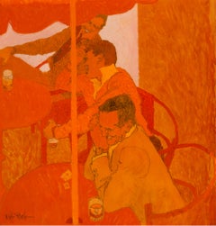 Color Field Painting, Men Relaxing and Joking with a Drink of Liquor 