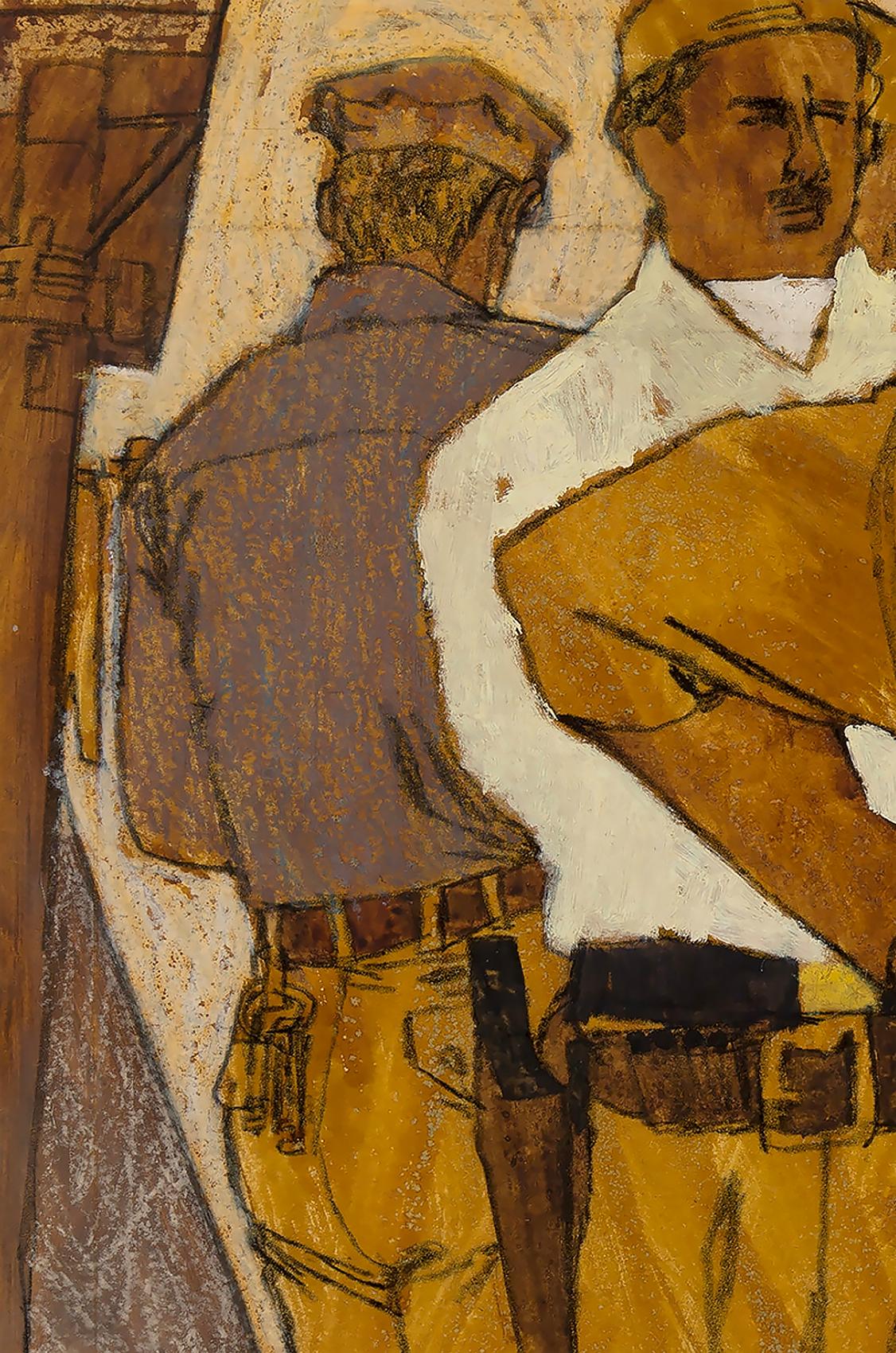 Bob Peak è forse il più grande illustratore americano del dopoguerra.  In questa prima opera del 1965, l'artista dipinge una scena di strada di lavoratori nello stile del pittore Les Nabis.  Edouard Vuillard.  L'opera in questione si distingue per