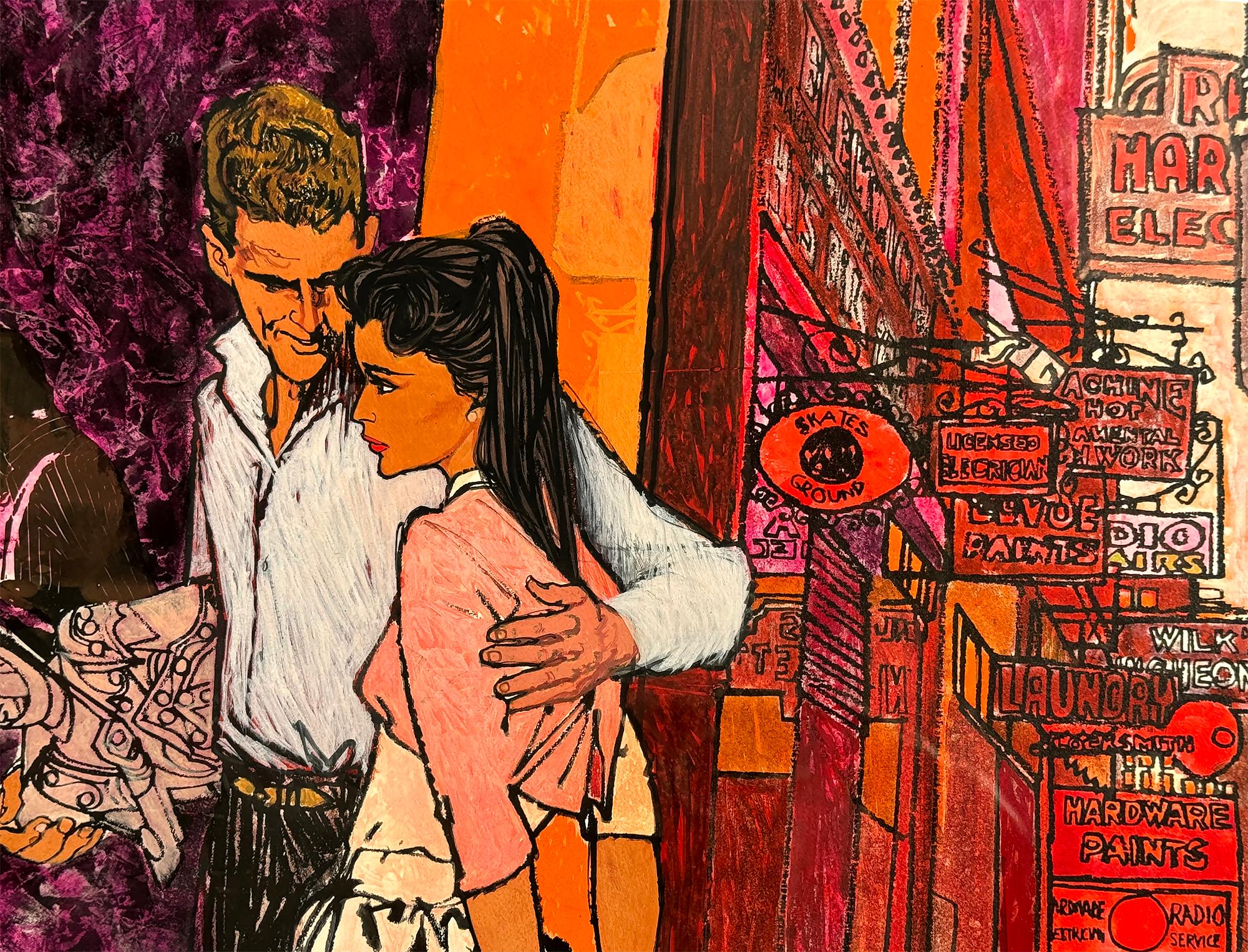 Coppia elegante che fa shopping in una strada urbana - Magenta e arancione Mid-Century - Painting di Bob Peak
