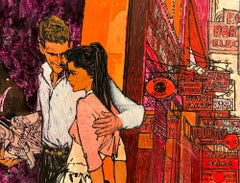 Élégant shopping d'une scène de rue urbaine, magenta et orange du milieu du siècle