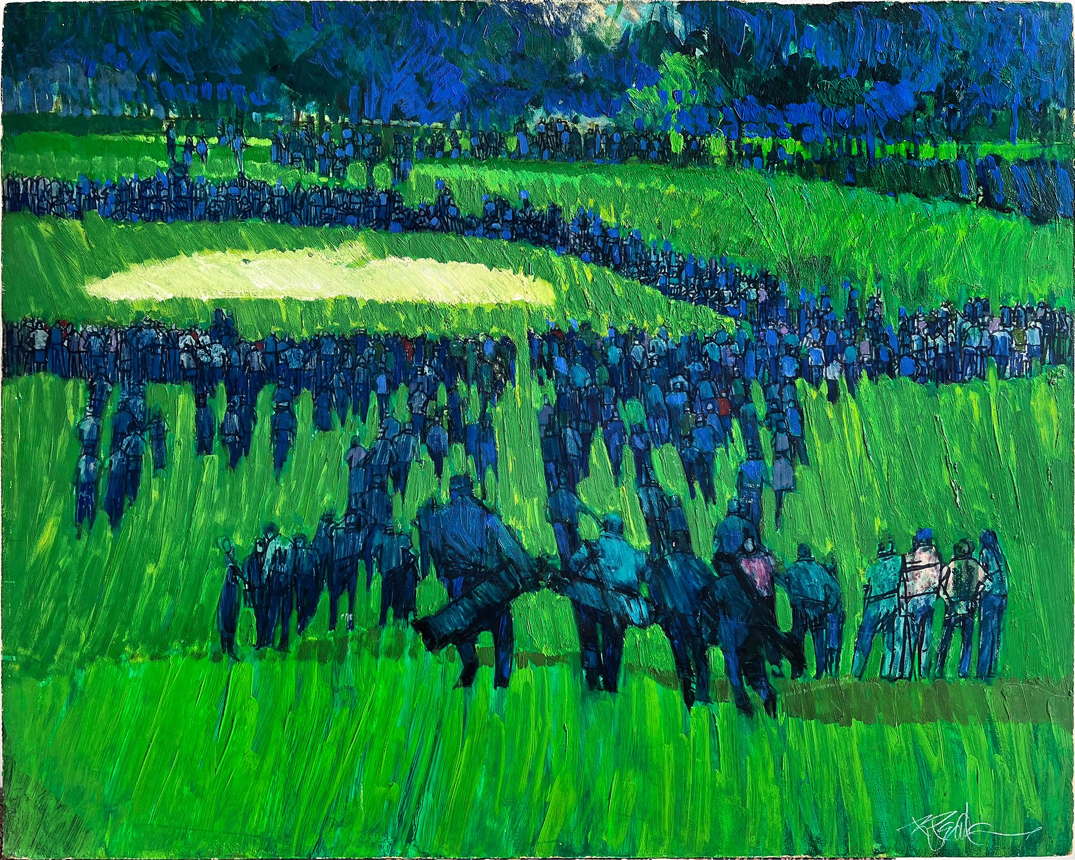 Golf Scene with Greens Gallery Figures,  Color Field Painting, Blue and Green 13