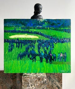 Golfszene mit Greens Gallery Figuren, Farbfeldgemälde, Blau und Grün