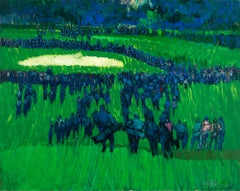 Golf Scene with Greens Gallery Figures,  Color Field Painting, Blue and Green