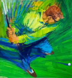 Golfer Swinging, Vintage 7 Up Ad "Get Real Action" in Green and Yellow - Golf 