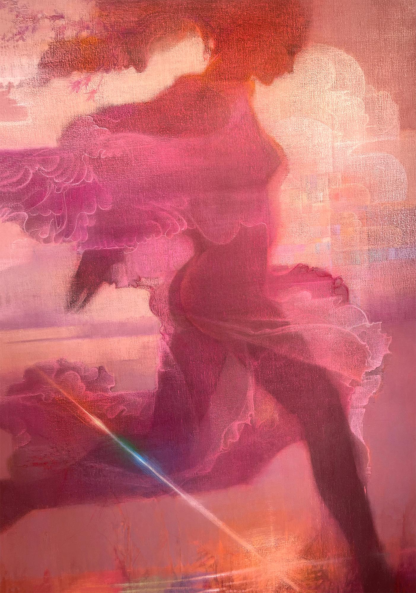 Life-Size Magenta Nude Girl with Wings Running in Paradise - Painting by Bob Peak