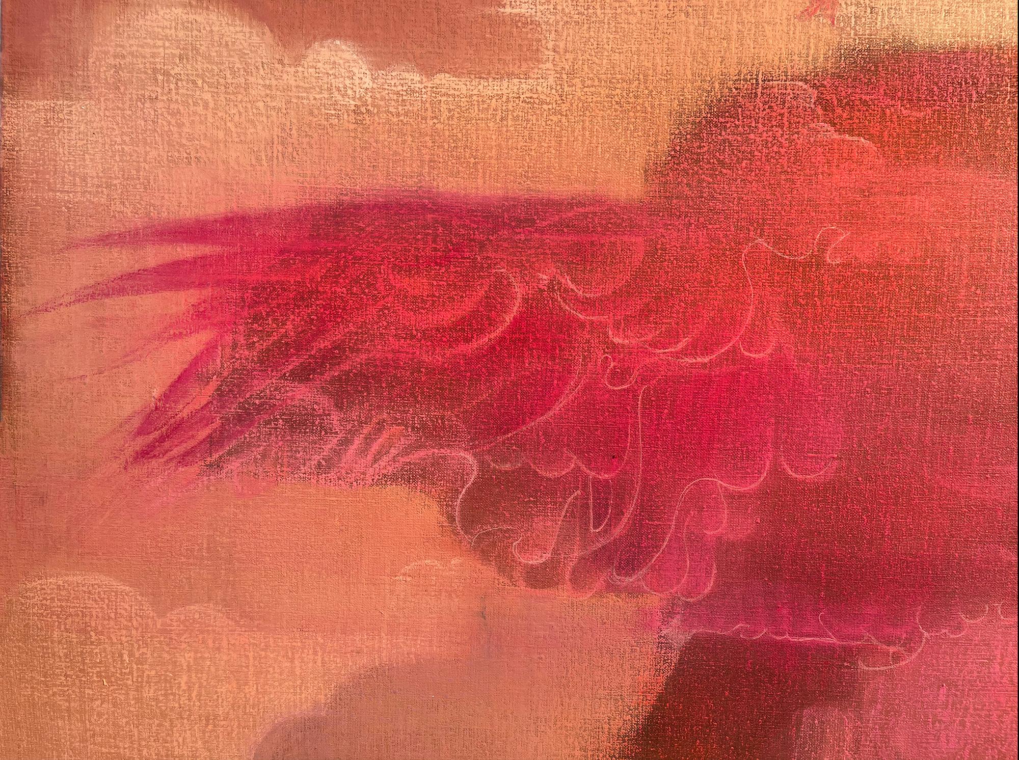 Life-Size Magenta Nude Girl with Wings Running in Paradise - Post-Impressionist Painting by Bob Peak