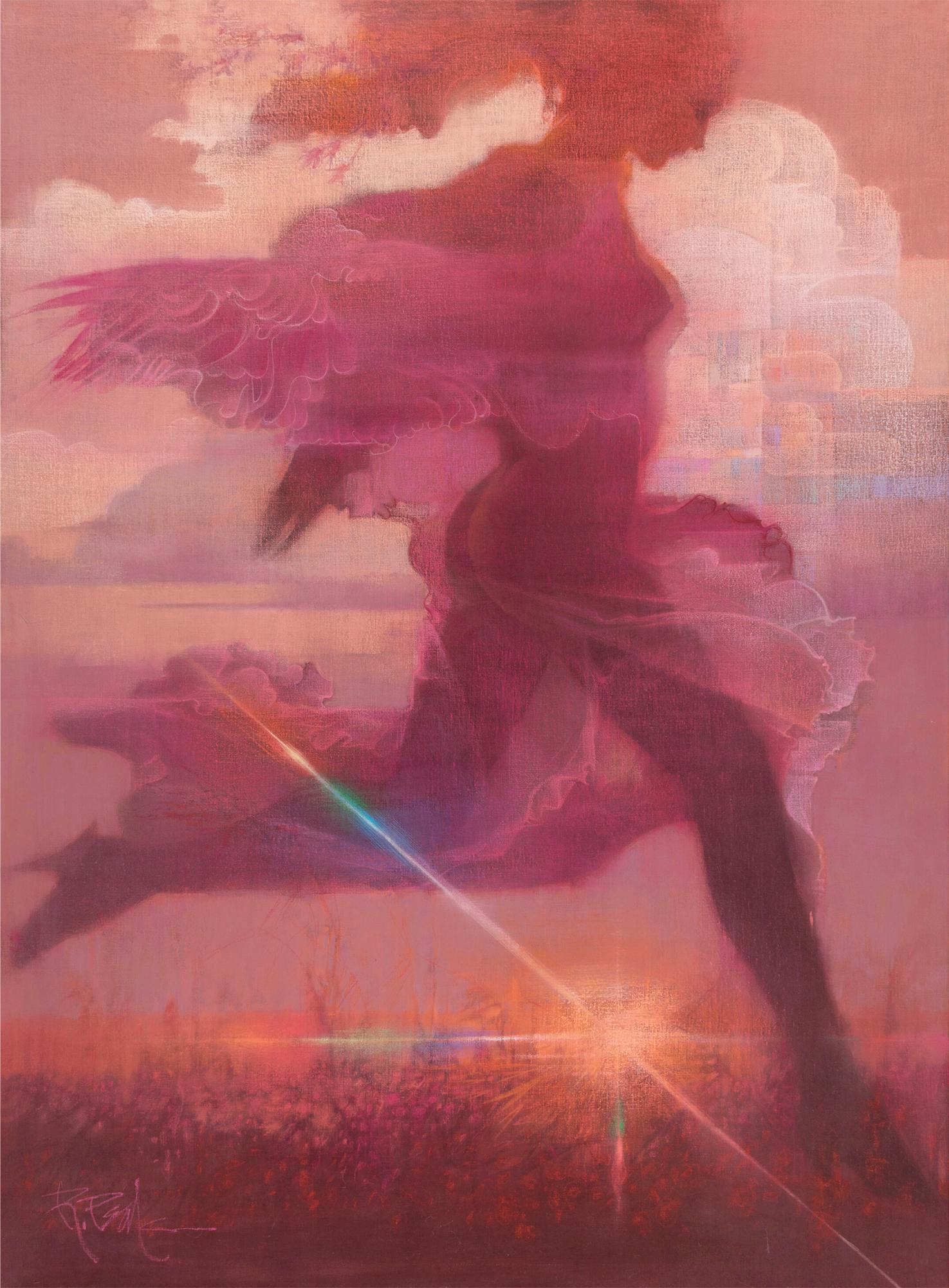 Bob Peak Nude Painting - Life-Size Magenta Nude Girl with Wings Running in Paradise 