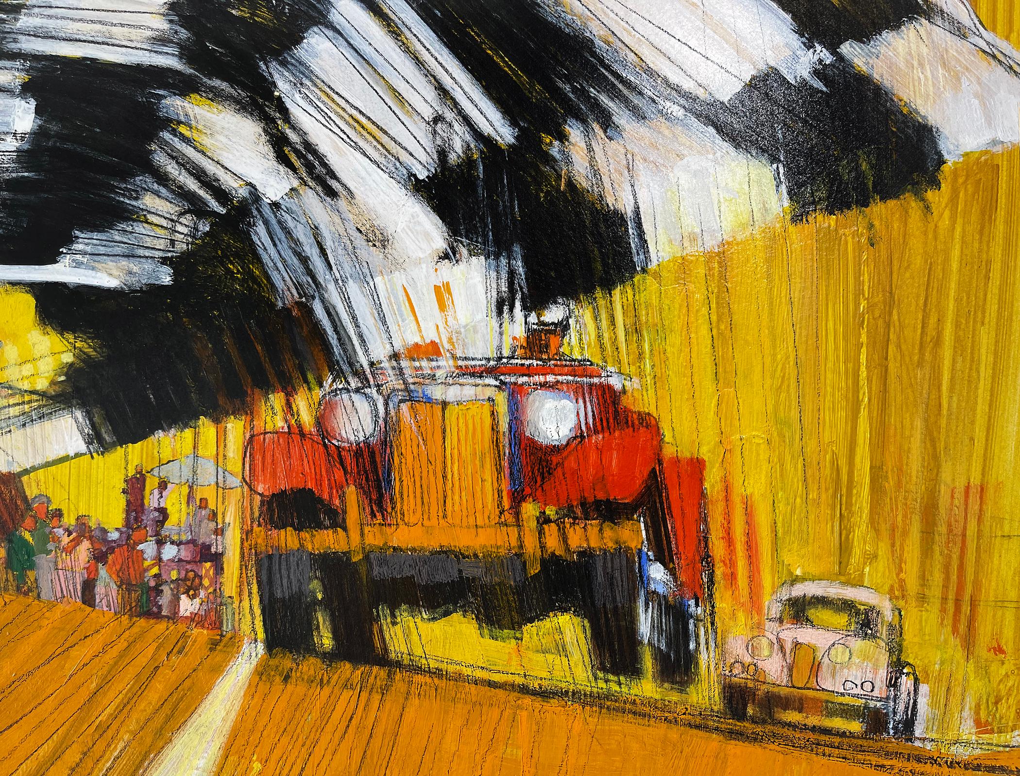 Motorsport Car Racing with Checkered Flag at Finish Line of a Race Track - Painting by Bob Peak