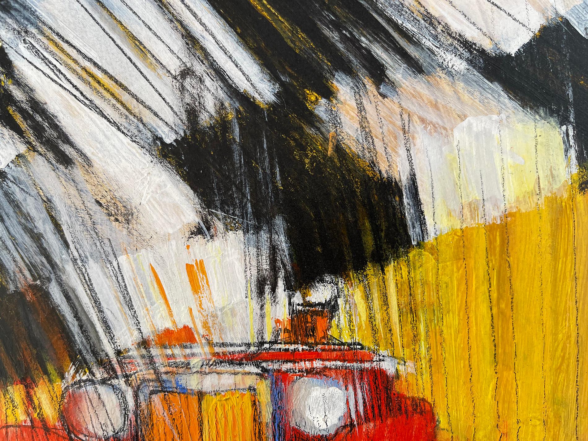 This highly innovated Bob Peak Race Track painting is a perfect synthesis of art and commerce.    Designed with a  radical composition where two-thirds of the picture plane is an almost abstract pattern of a black and white checkered flag. In the