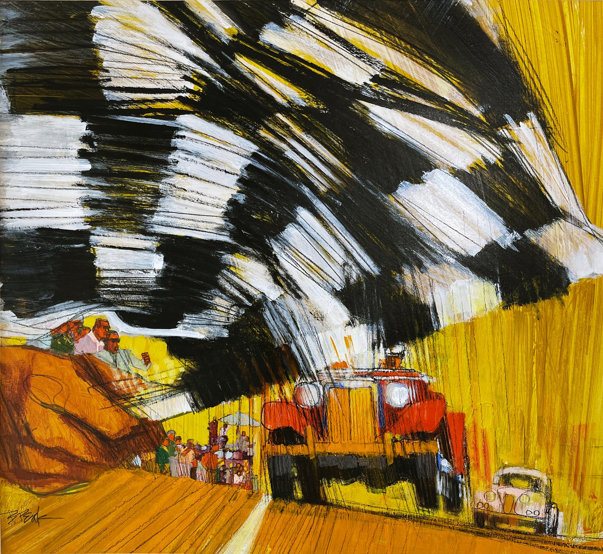 Bob Peak Figurative Painting - Motorsport Car Racing with Checkered Flag at Finish Line of a Race Track