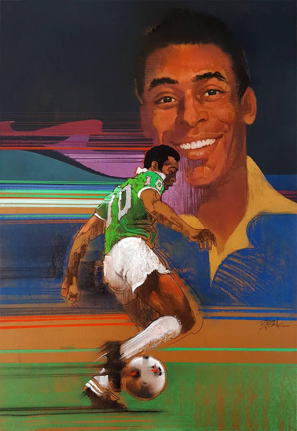 Bob Peak Figurative Painting - Pelé Brazilian, footballer, Soccer Star, Illustration