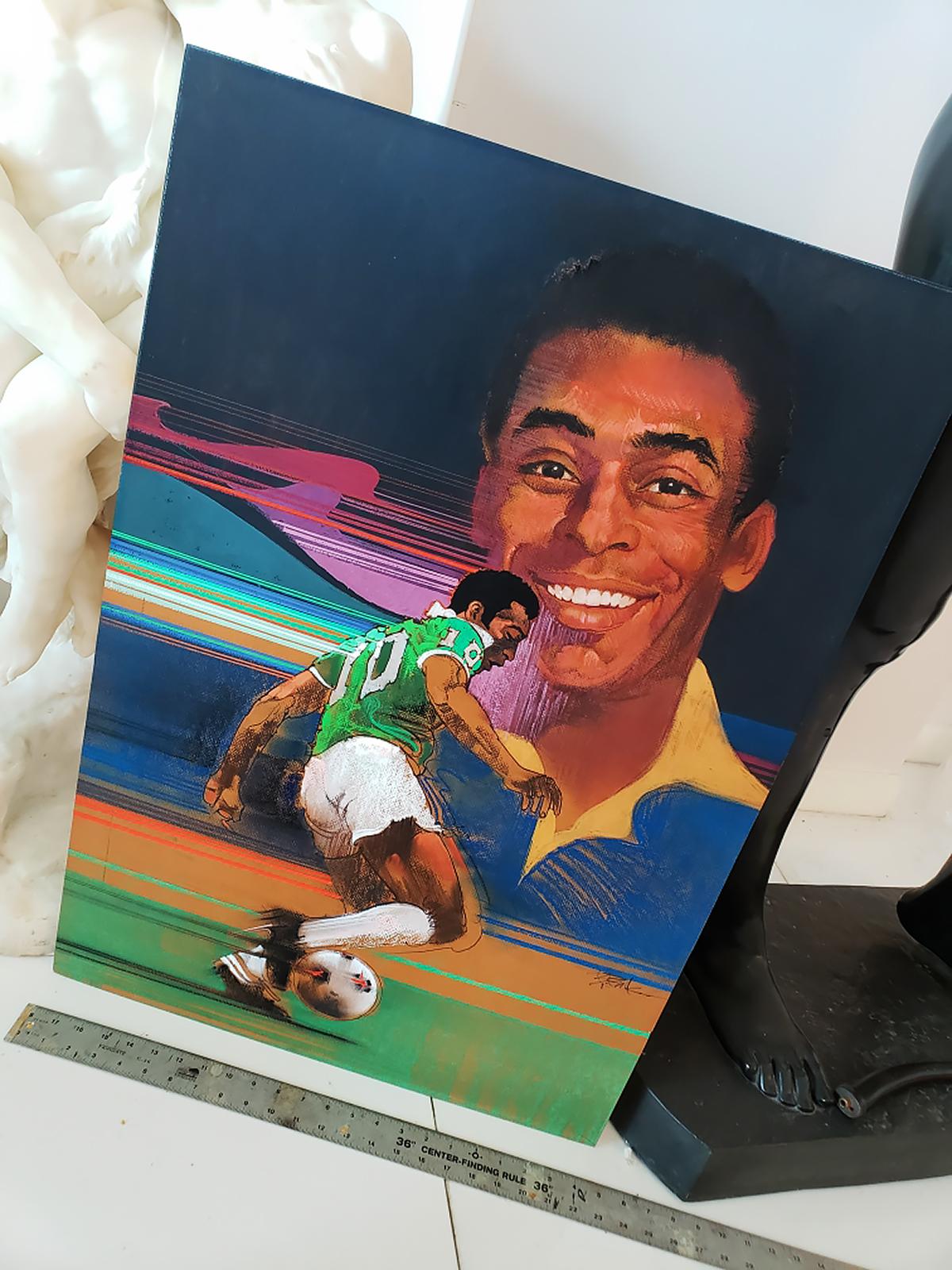Brésilien, footballeur, étoile de football, Pelé, illustration - Noir Figurative Painting par Bob Peak