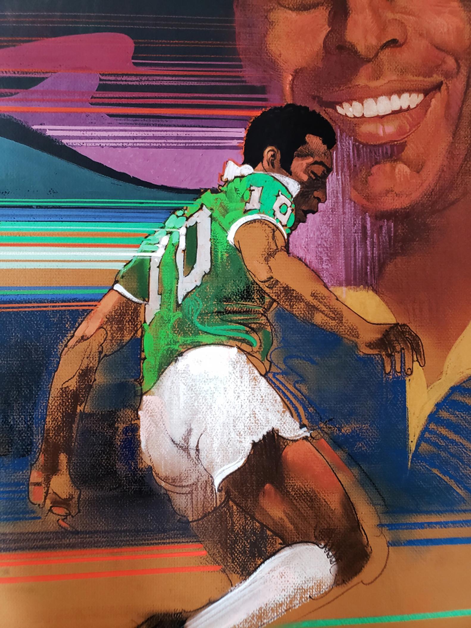 Pelé Brazilian, footballer, Soccer Star, Illustration - Black Figurative Painting by Bob Peak