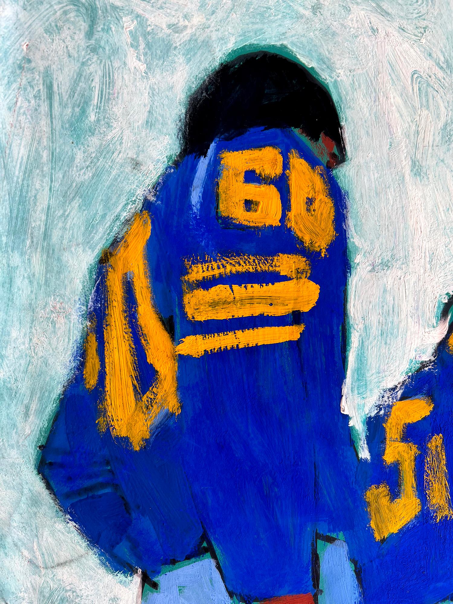 Pregame Football Players Lined Up Abstraction of Blue Jersey and Orange Numbers - Painting by Bob Peak