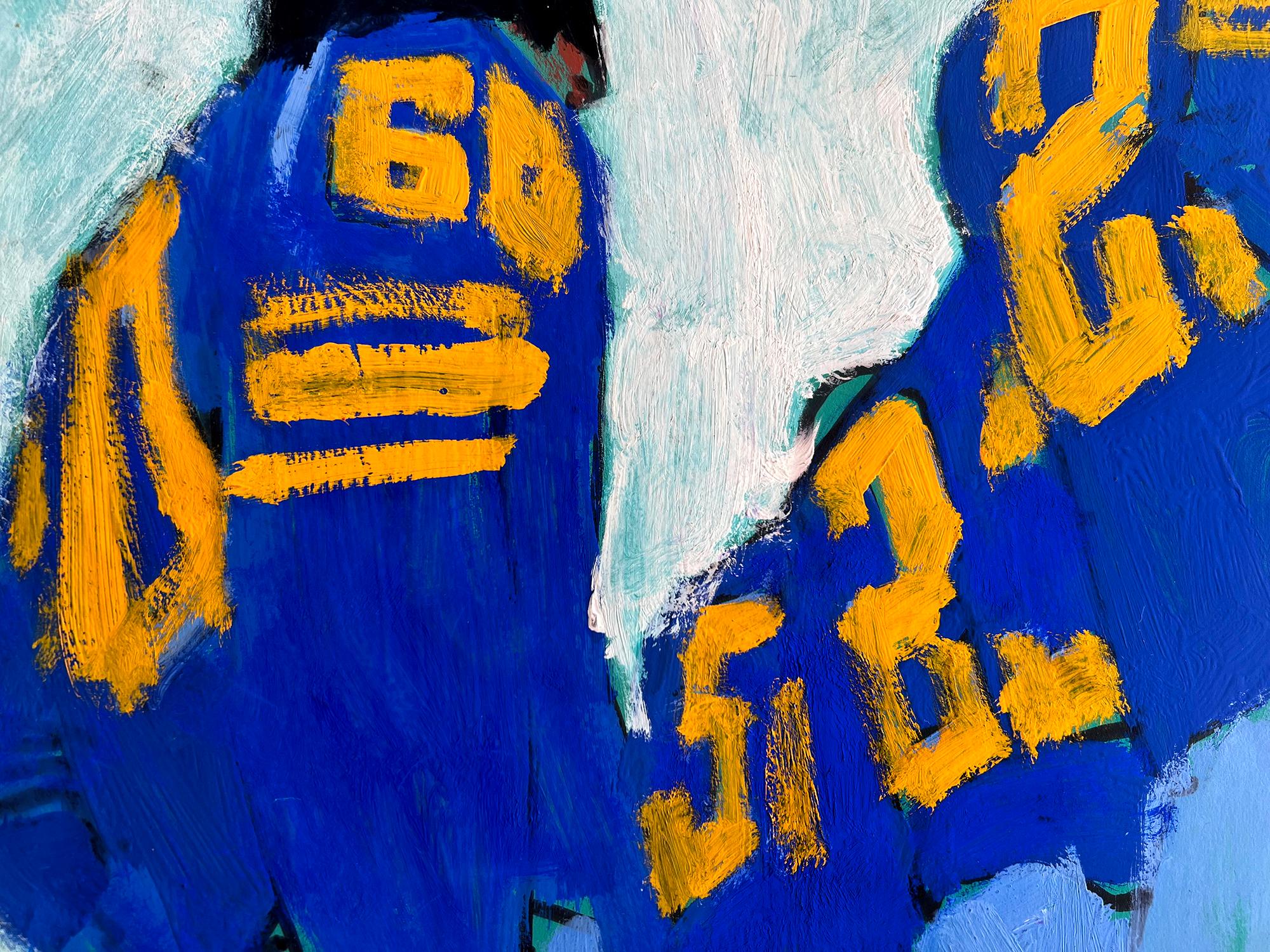 Pregame Football Players Lined Up Abstraction of Blue Jersey and Orange Numbers For Sale 2