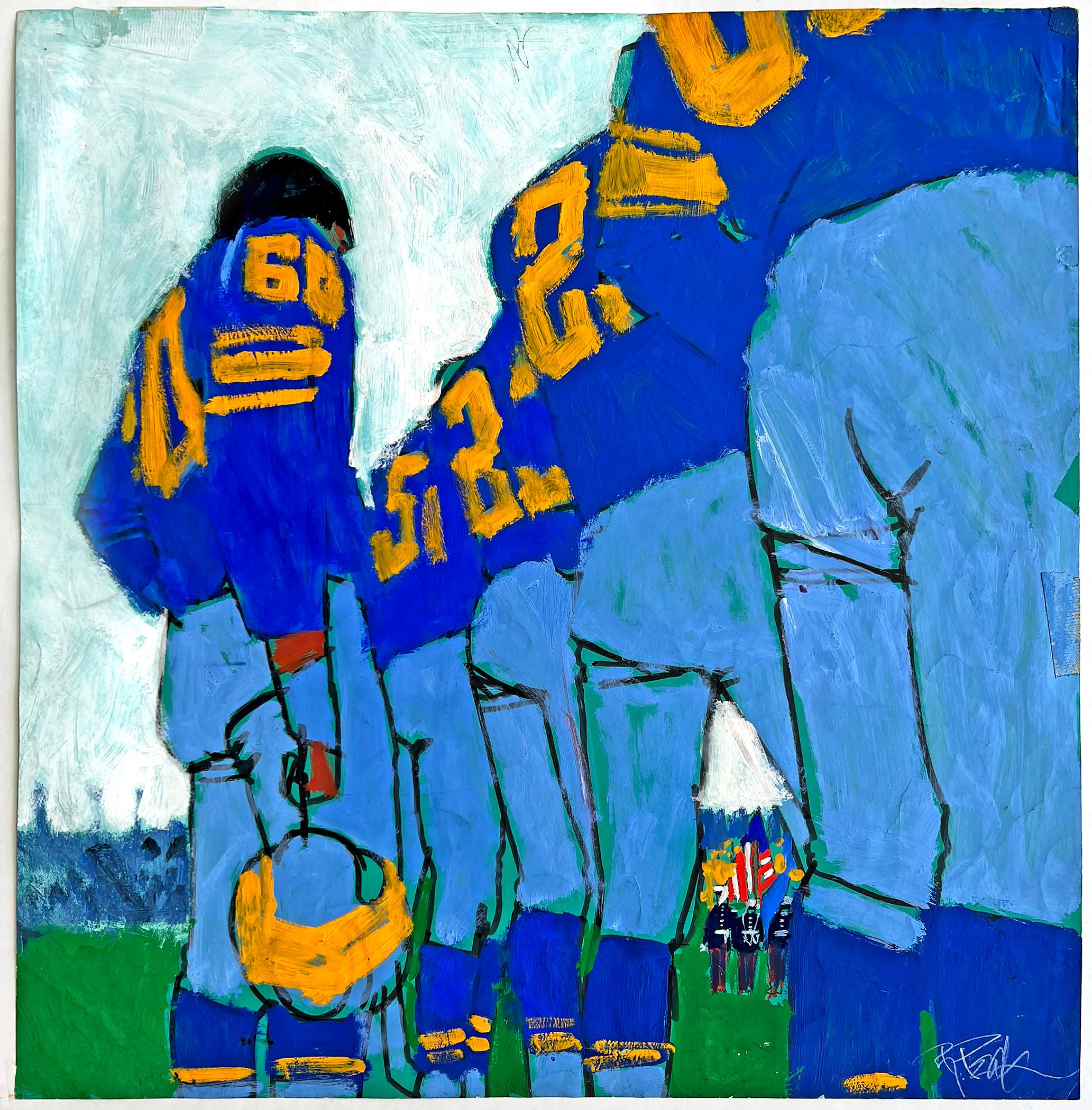Pregame Football Players Lined Up Abstraction of Blue Jersey and Orange Numbers For Sale 4
