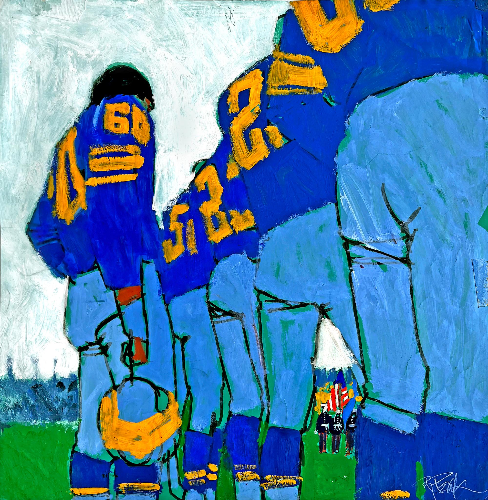 Bob Peak Figurative Painting - Pregame Football Players Lined Up Abstraction of Blue Jersey and Orange Numbers