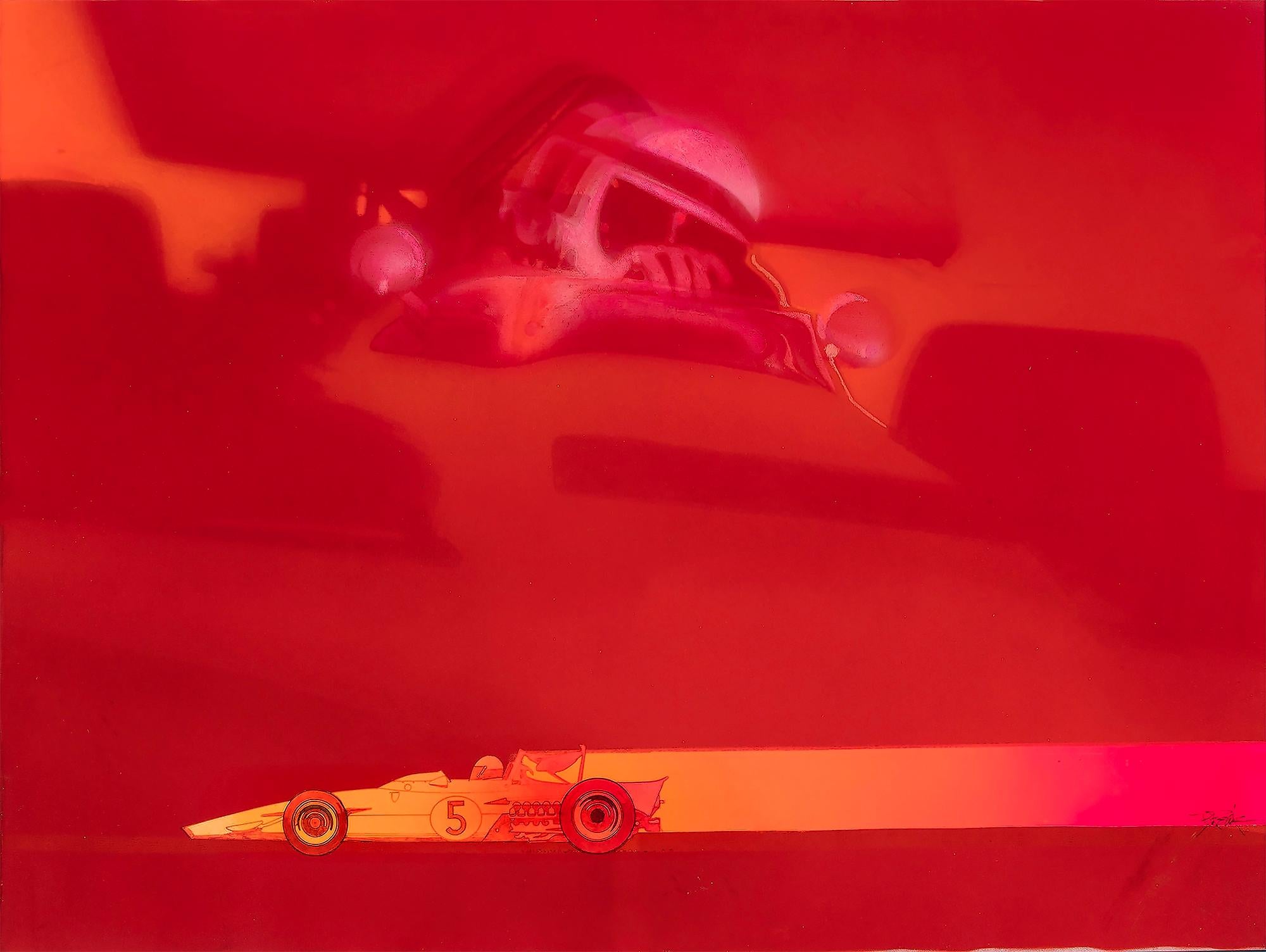 Bob Peak Abstract Painting – Racing-Autos in leuchtendem Rot  Sportwagen illustrierte Illustration – Sportwagen – Rosa 